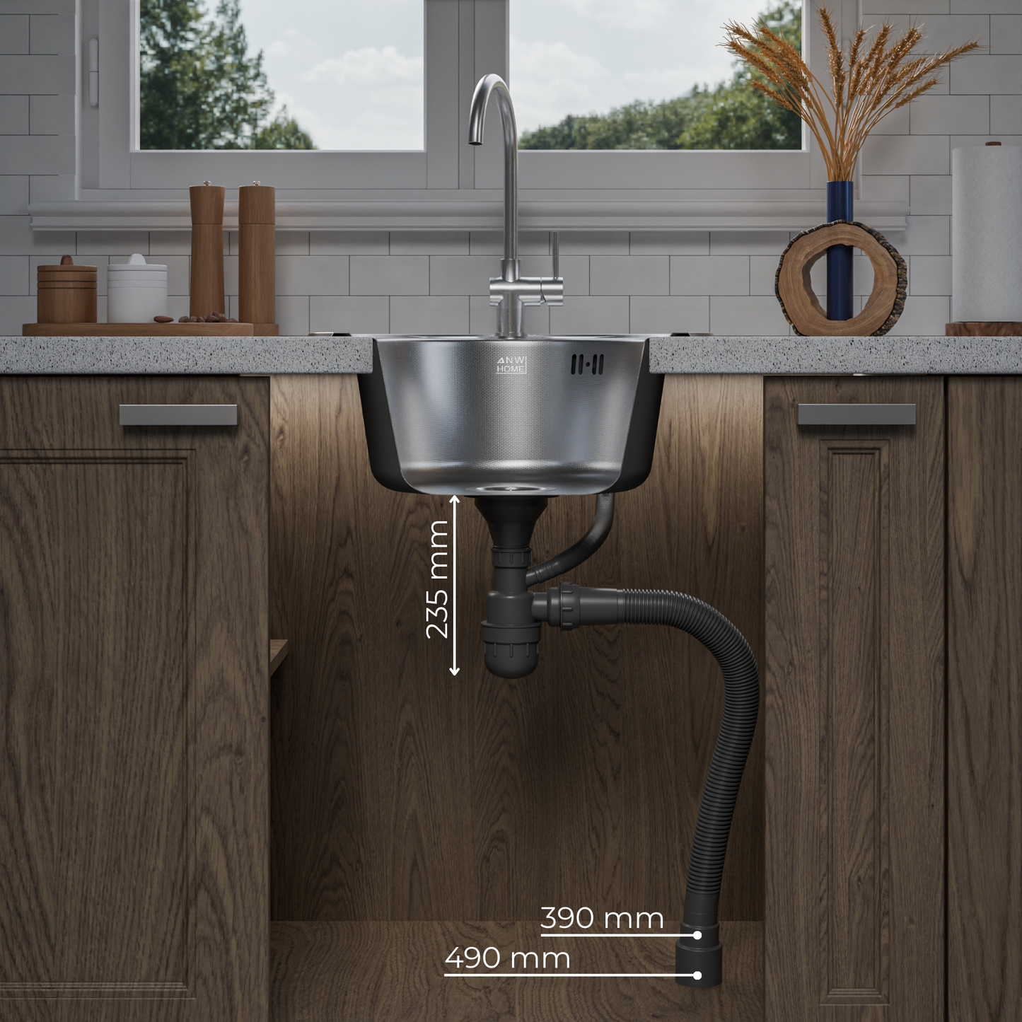 ANW HOME Spülbecken Küche, Küchenspüle Edelstahl 1 Becken, Einbauspüle Rund  49 cm, Silber, Anti-Kratz-Oberfläche, Stärke 1 mm, 18 cm Tiefe, mit Siphon
