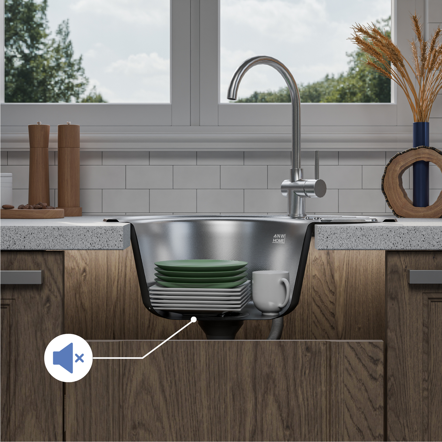 ANW HOME Lavello Cucina 1 Vasca con Gocciolatoio, Lavandino Cucina da Incasso in Acciaio Inox 201 57x45 cm, Argento, Finitura Antigraffio, Spessore 0,6 mm, con Sifone