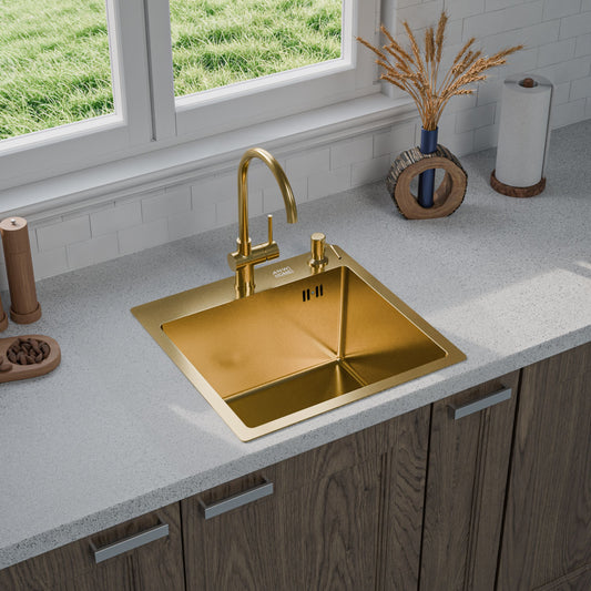 ANW HOME Spülbecken Küche 46x45 cm, Küchenspüle Gold PVD, Einbauspüle 1 Becken , Nano-Beschichtung, Stärke 3.0+1 mm, mit Siphon Seifenspender und Korb