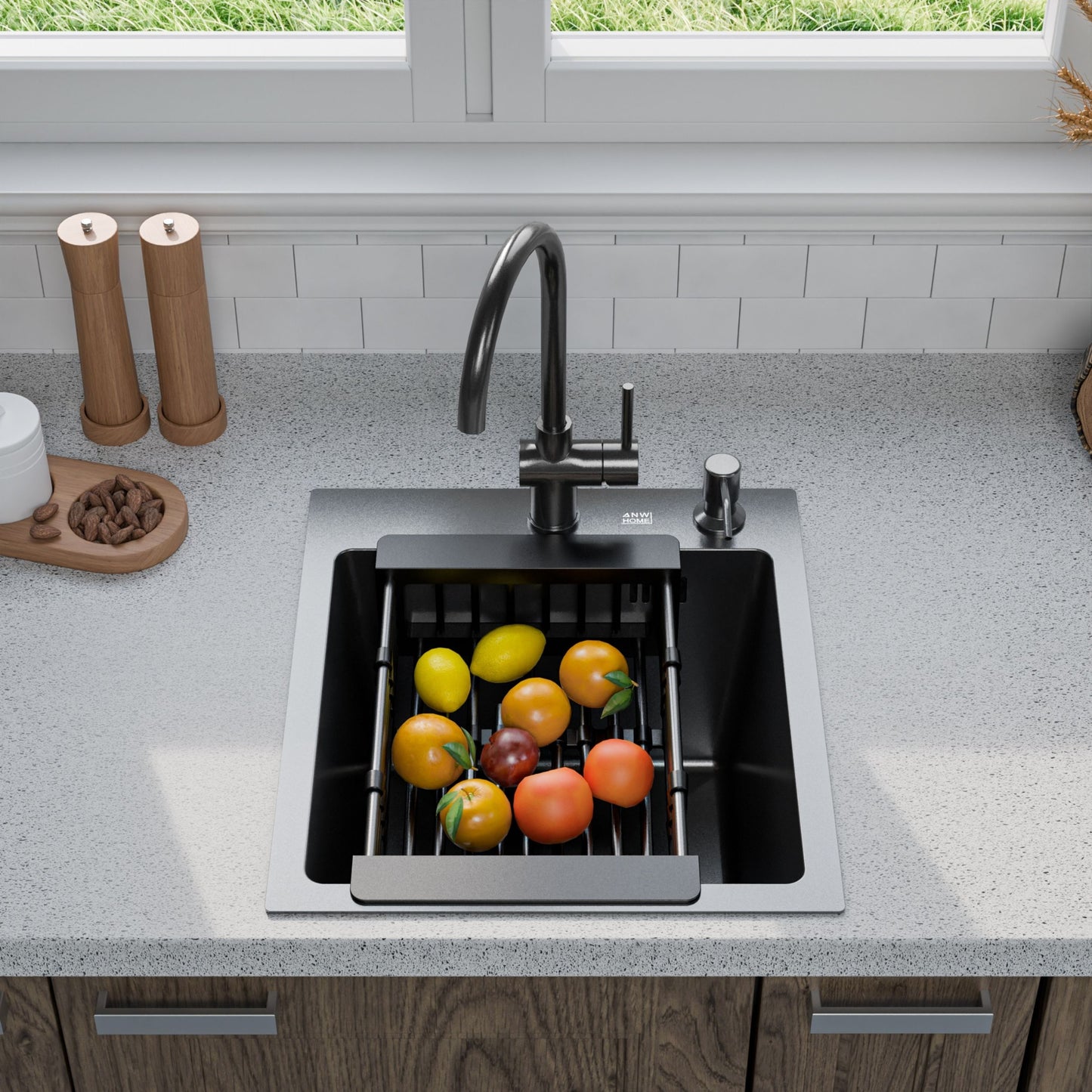 ANW HOME Spülbecken Küche 40x45 cm, Küchenspüle 1 Becken, Einbauspüle , 304 Edelstahl, Graphit PVD, mit Nano-Beschichtung, Materialstärke 3,0+1 mm, mit Siphon und Seifenspender