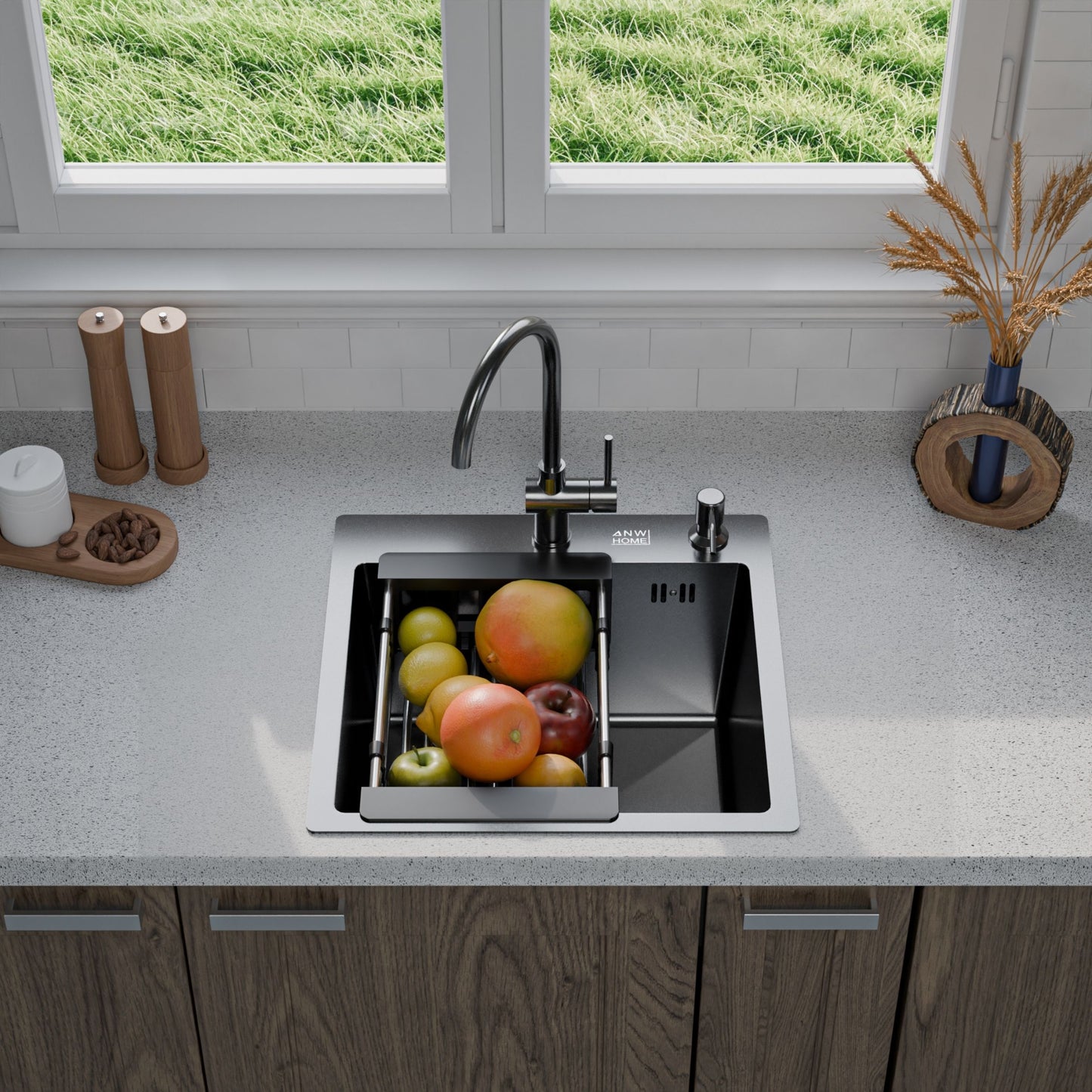 ANW HOME chiuvetă de bucătărie din oțel inoxidabil, chiuvetă cu o singură cuvă, încastrată, fără scurgător, 46x45 cm, grafit PVD cu strat nano, grosime 3,0/1 mm, adâncime cuvă 22 cm, cu sifon