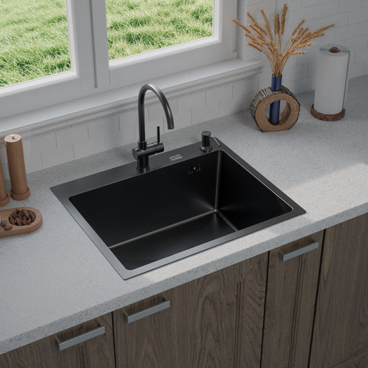 ANW HOME Spülbecken Edelstahl Küchenspüle Einbauspüle 1 Becken 60x50 cm Schwarz Piano-Oberfläche, Materialstärke 3,0/1 mm, mit Siphon, Seifenspender und Korb