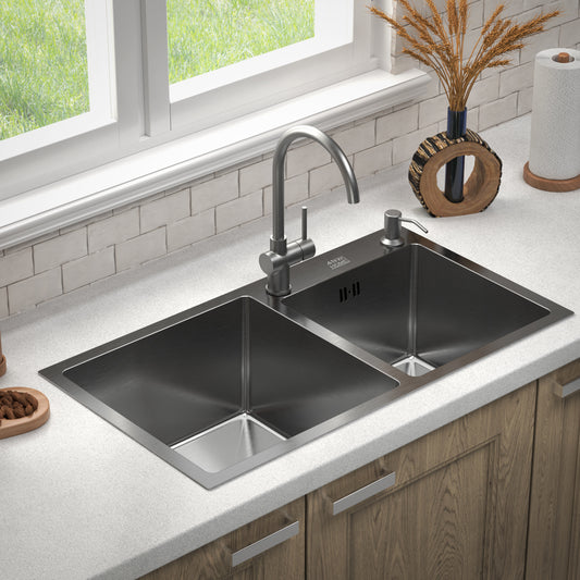ANW HOME Spülbecken Edelstahl, Küchenspüle Einbauspüle 78x43 cm, Spüle  2 Becken, Nano-Beschichtung, Stärke 3,0+1 mm, mit Siphon, Seifenspender und Korb