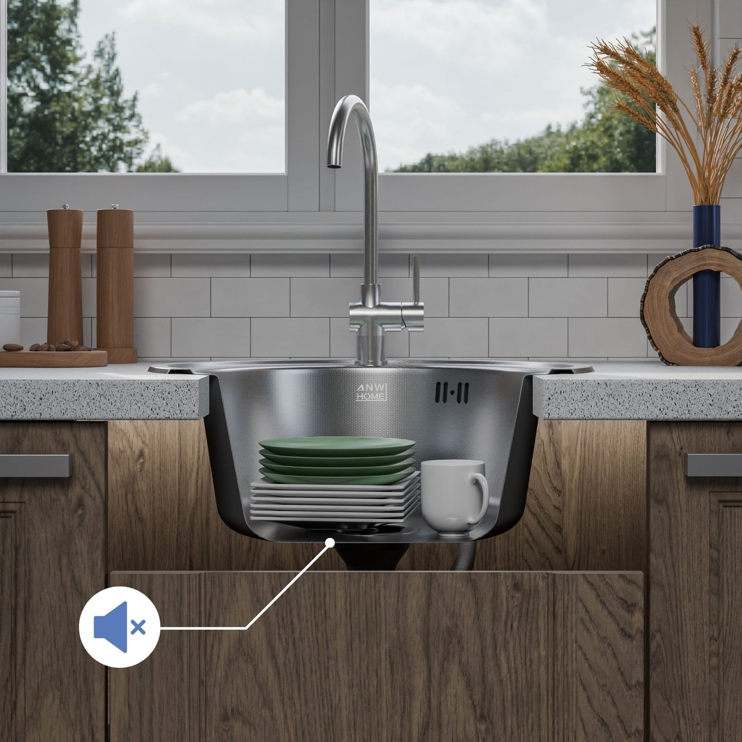 ANW HOME Spülbecken Küche, Küchenspüle Edelstahl 1 Becken, Einbauspüle Rund Ø51 cm, Edelstahl 201, Silber, Anti-Kratz Oberfläche, Stärke 1 mm, mit Siphon