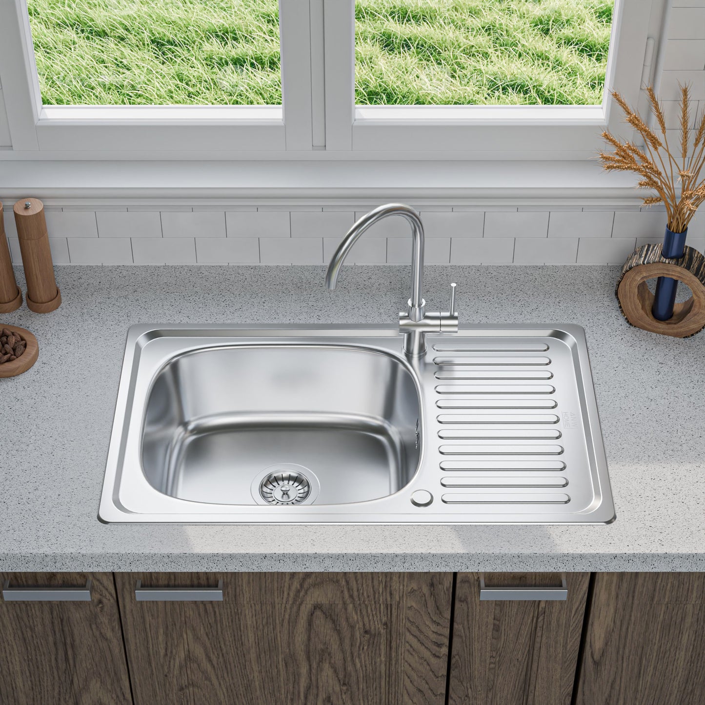 ANW HOME Kitchen Sink, Single Bowl with Drainer, Stainless Steel Sink 76x45 cm, Silver, Satin Finish, Thickness 0.6 mm, with Siphon