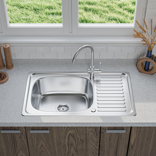 ANW HOME Spülbecken Edelstahl, Einbauspüle mit Abtropffläche, Küchenspüle 1 Becken 76x45 cm, Silber, Satinoberfläche, Stärke 0,6 mm, mit Siphon