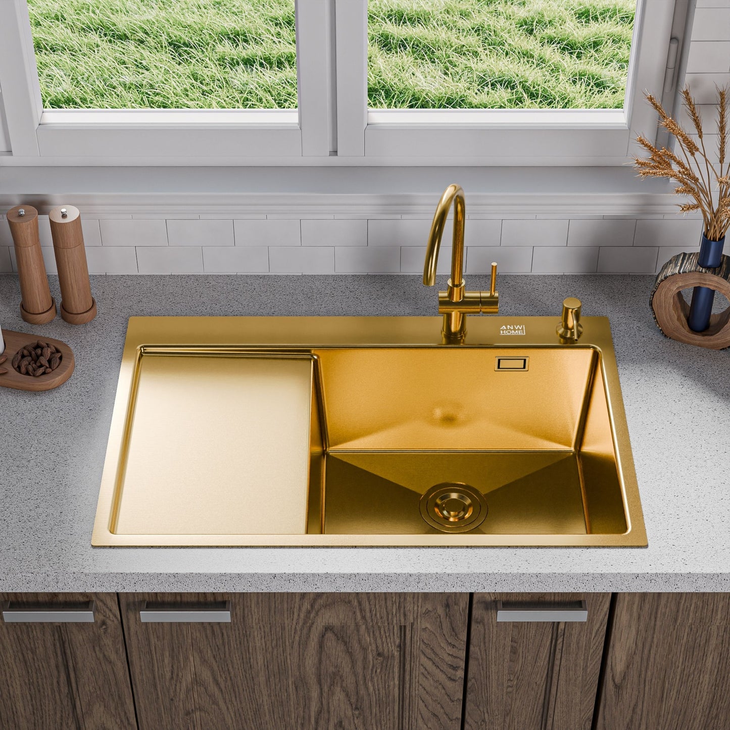 ANW HOME Evier Cuisine 1 Bac avec Égouttoir, Evier Inox à Encastrer 304, 78x50 cm, Or PVD, Finition Nano, Épaisseur 3,0+1 mm