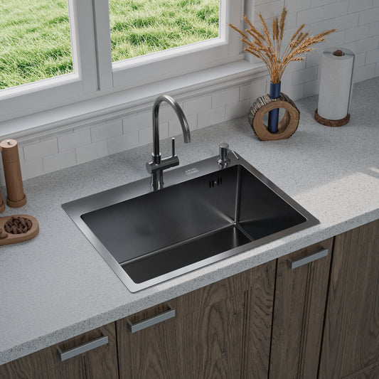 ANW HOME Spülbecken Küchenspüle Einbauspüle 60x45 cm, Edelstahl Spülbecken , Graphit PVD mit Nano-Beschichtung, Stärke 3,0+1 mm, mit Siphon Seifenspender und Korb