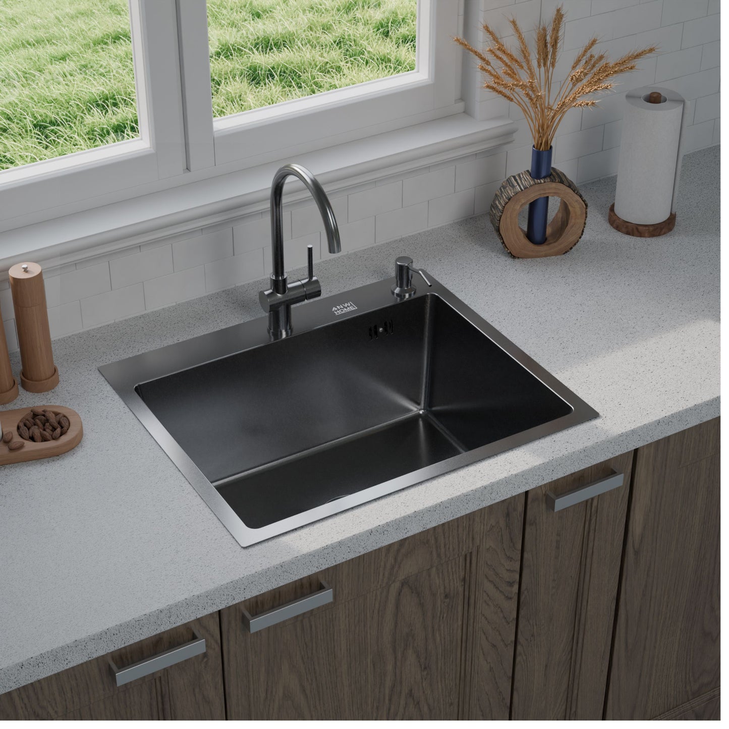 ANW HOME chiuvetă de bucătărie, chiuvetă cu o singură cuvă, oțel inoxidabil 60x50 cm, grafit, strat nano, grosime 3,0/1 mm, adâncime 22 cm, montaj pe blat, cu sifon