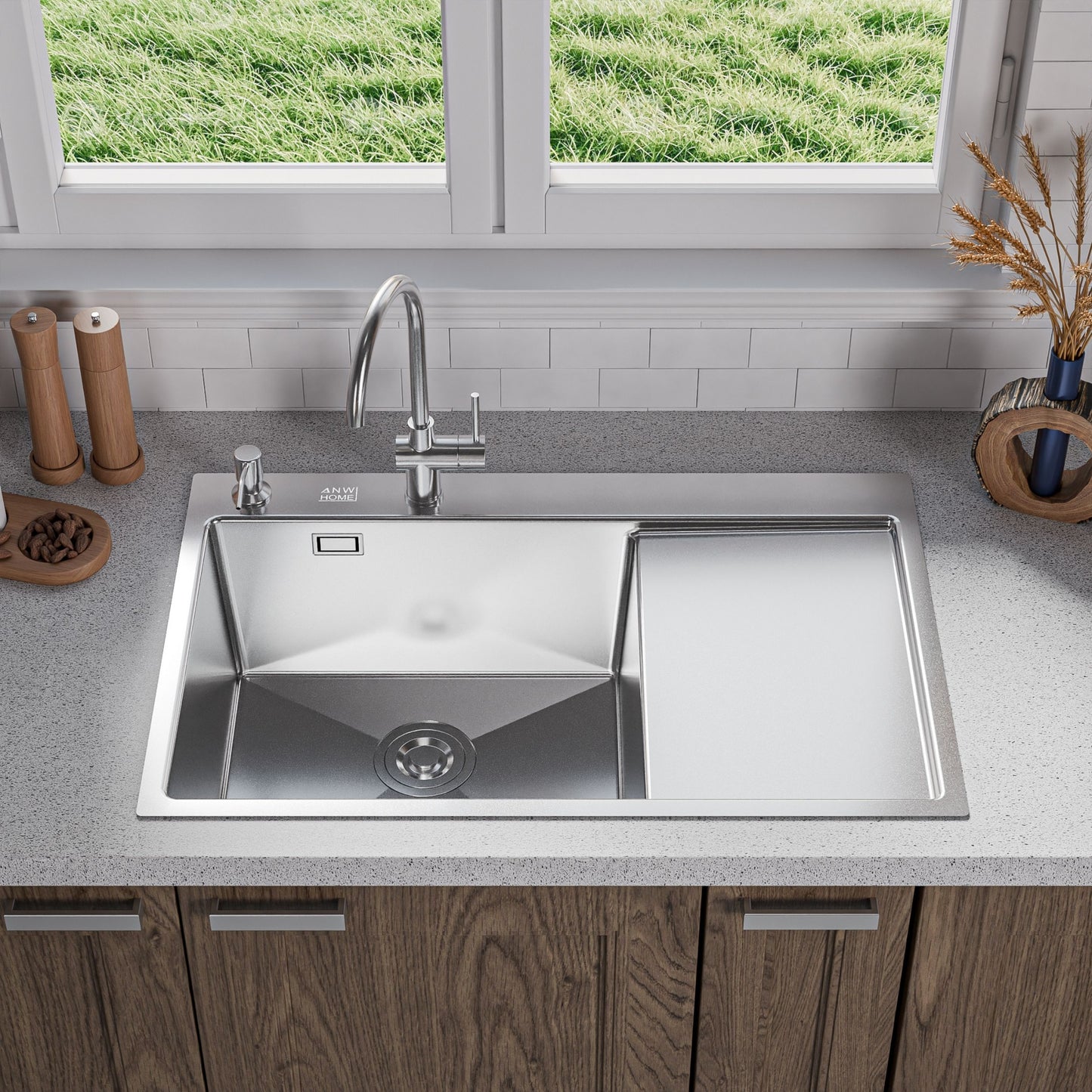 ANW HOME Fregadero Cocina 1 Seno, sobre Encimera con Escurridor, Fregadero Cocina Acero Inoxidable 304, 78x50 cm, Plata, Acabado Nano, Grosor 3,0/1 mm, con Sifón y Dispensador