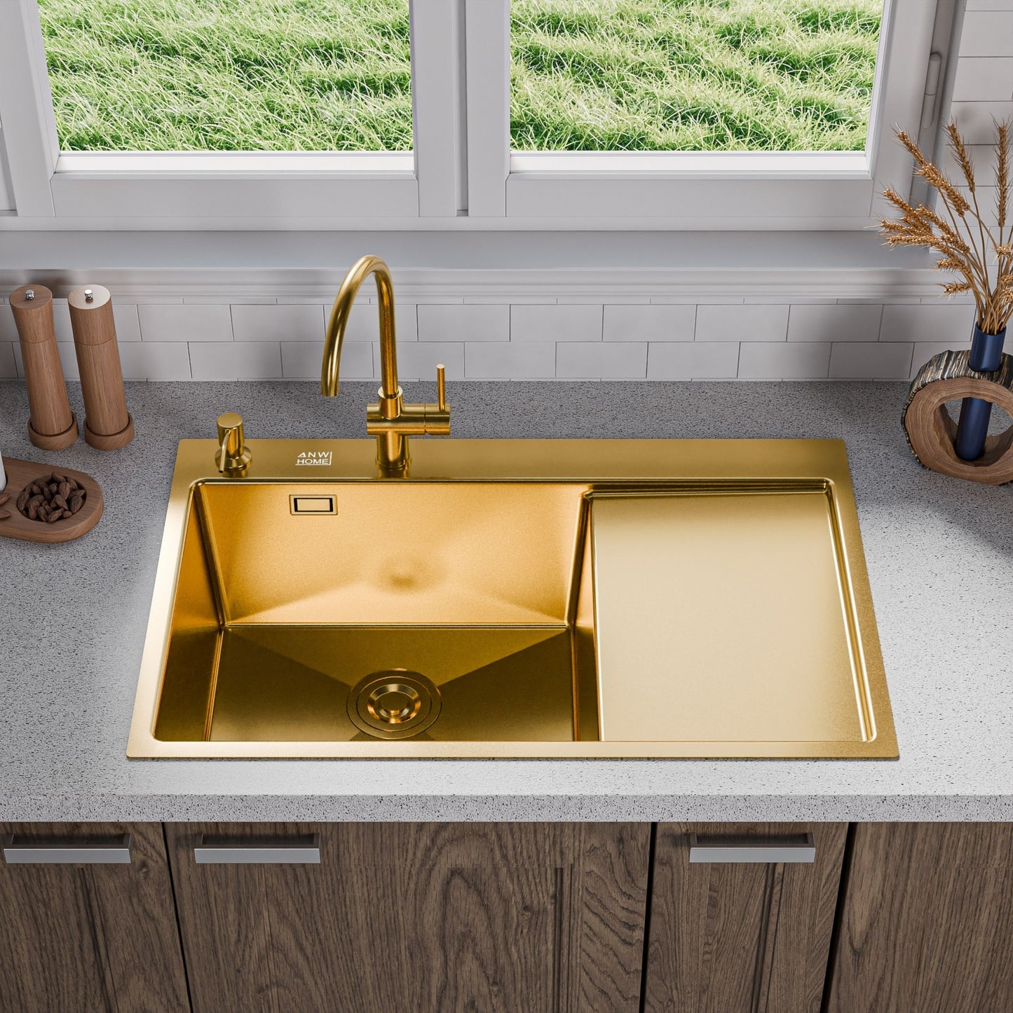 ANW HOME Spülbecken Küchenspüle Einbauspüle 1 Becken mit Abtropffläche Edelstahl 304 78x50 cm Gold PVD Nano-Beschichtung Stärke 3,0+1 mm mit Siphon, Seifenspender und Korb