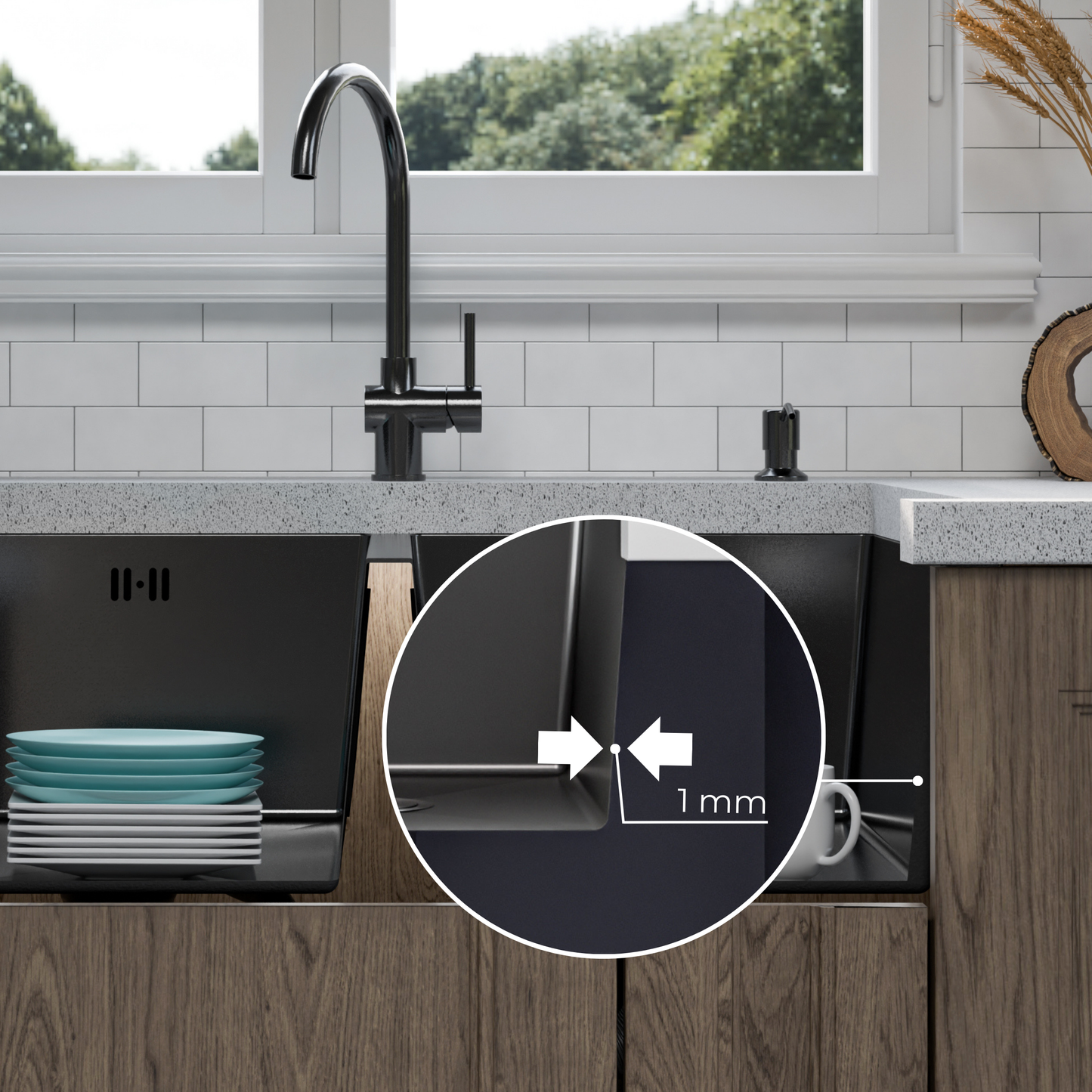 ANW HOME Evier Cuisine Inox, Evier Cuisine 2 Bacs Sous Plan 80x45 cm, Acier Inox 304, Graphite PVD, Nano-Revêtement, Épaisseur 3,0/1 mm, avec Siphon