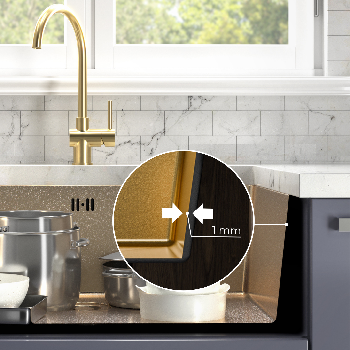 ANW HOME Spülbecken Küche 1 Becken Unterbau Spülbecken Edelstahl 304 74x44 cm Gold PVD Nano-Beschichtung Stärke 3+1 mm mit Siphon