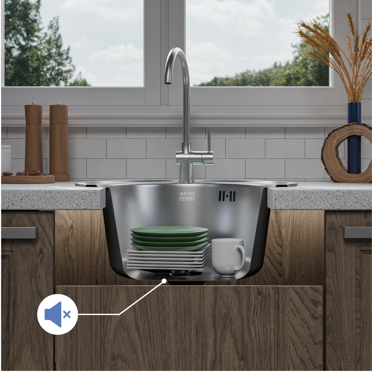 ANW HOME Spülbecken Küche, Einbauspüle Edelstahl 201, Spülbecken Edelstahl Rund Ø51 cm ohne Abtropffläche, Silber, Satinierte Oberfläche, Stärke 1 mm, 20 cm Tief, mit Siphon