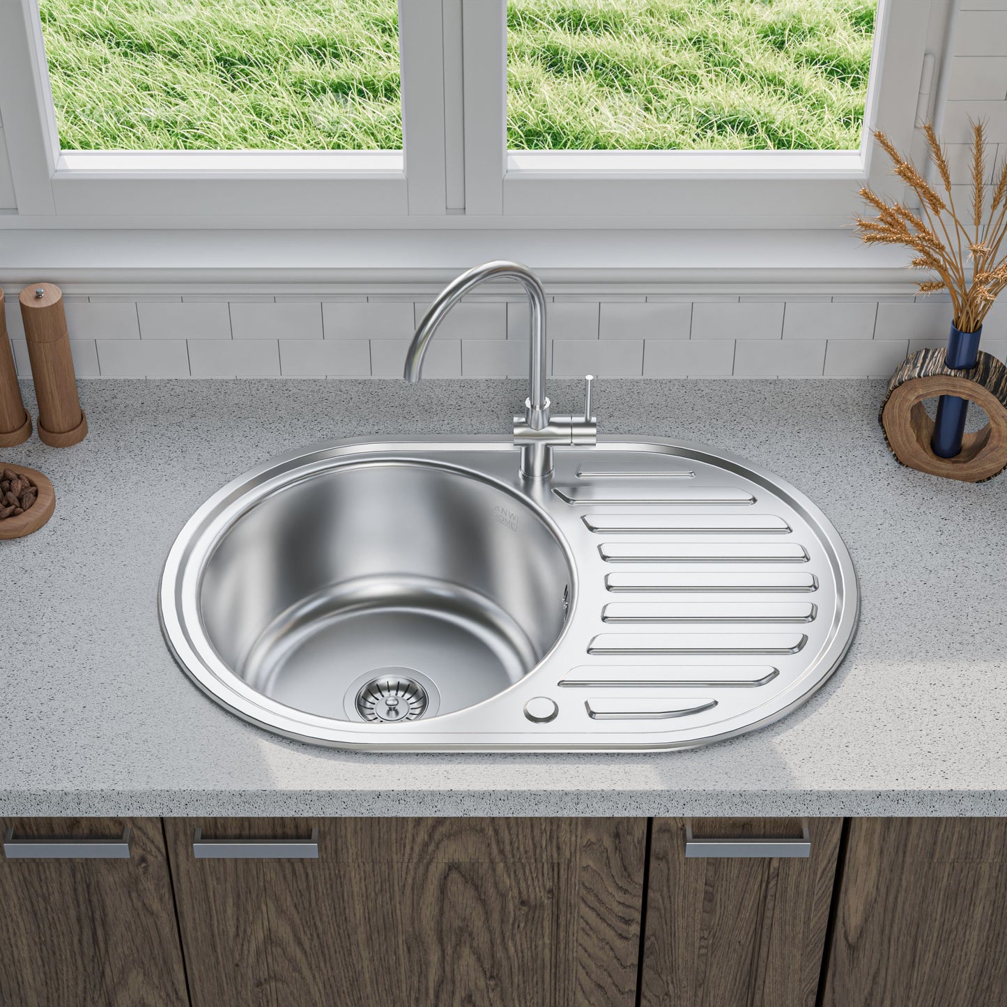 ANW HOME nerezový kuchyňský dřez, jednodřez s odkapávačem, inset montáž, nerezová ocel 201, 77x50 cm, stříbrný, saténový povrch, tloušťka 1 mm, hloubka 20 cm, se sifonem
