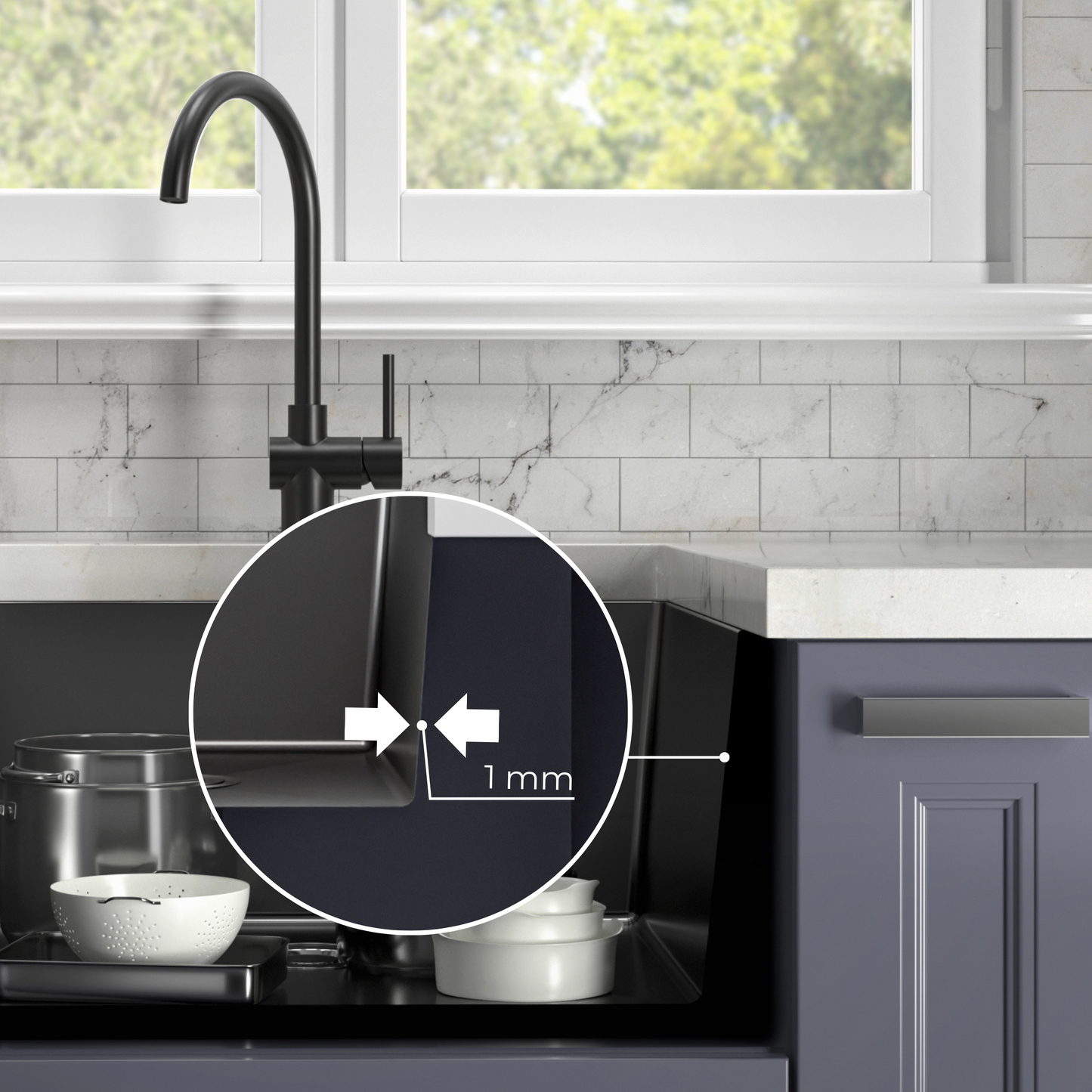 ANW HOME Spülbecken Küche Küchenspüle 1 Becken Unterbau Edelstahl 304 54x44 cm Graphit PVD Nano-Beschichtung Stärke 3,0/1 mm mit Siphon