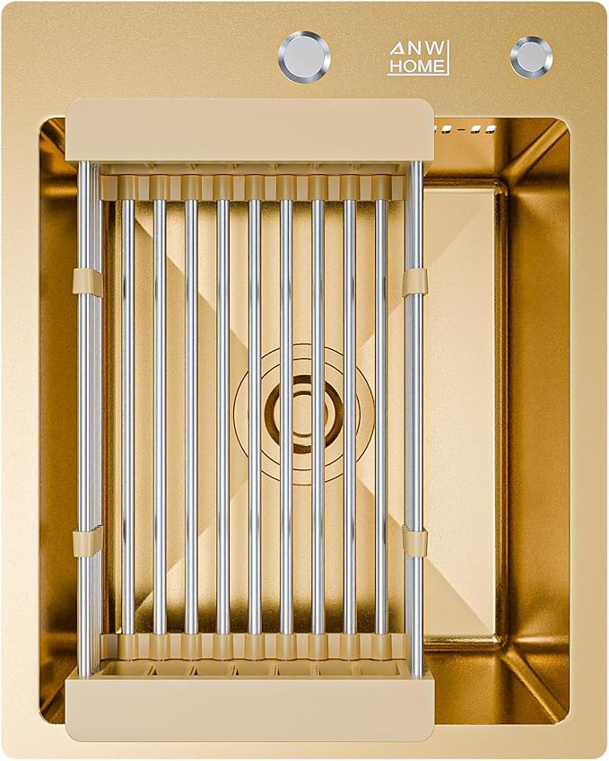 ANW HOME chiuvetă de bucătărie din oțel inoxidabil 40 x 50 cm, chiuvetă cu o singură cuvă, auriu PVD, suprafață cu strat nano, montaj pe blat, adâncime 22 cm, grosime 3,0+1 mm, cu sifon, dozator de detergent și coș