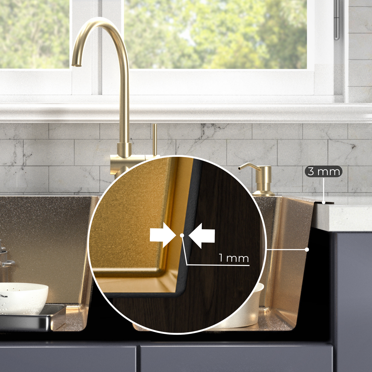 ANW HOME kuchyňský dřez z nerezové oceli 78x43 cm, dvoudřez pro horní montáž, zlaté PVD s nano povrchem, tloušťka 3,0+1 mm