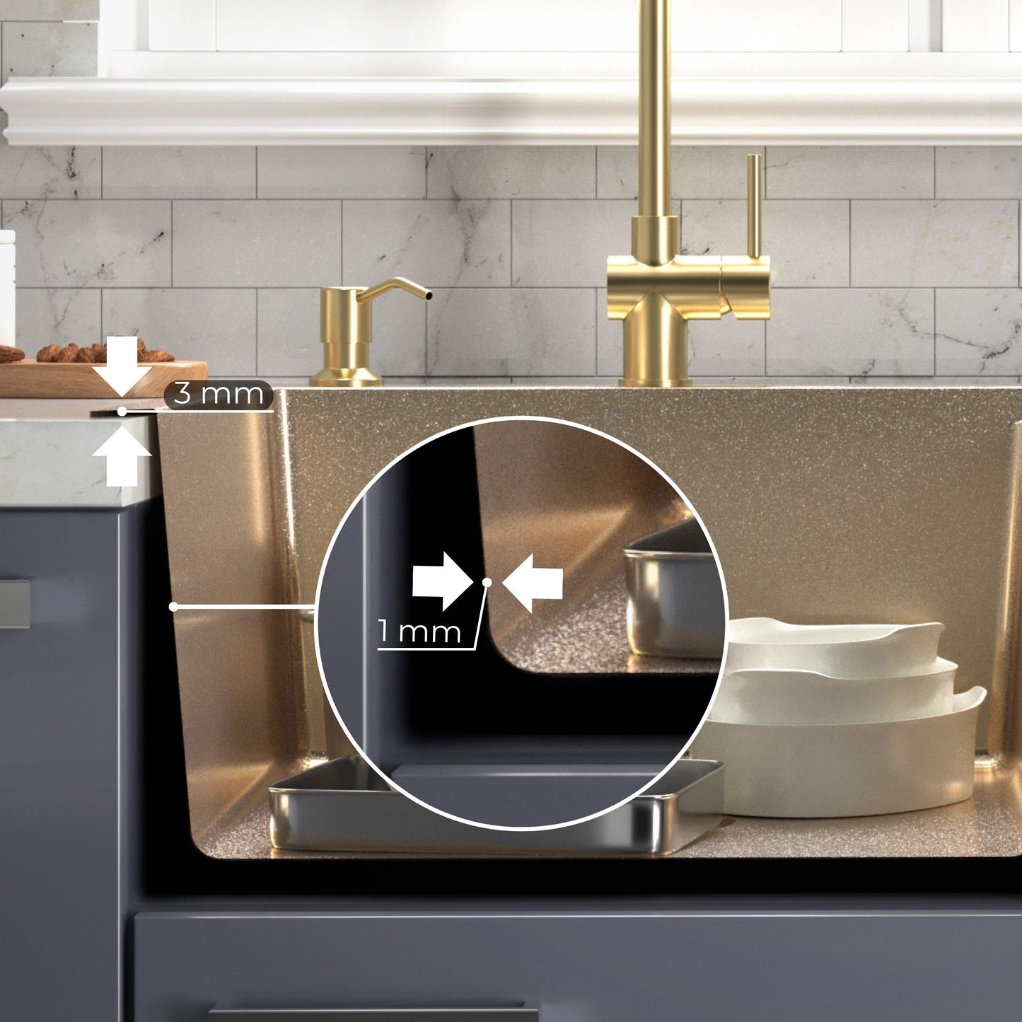 ANW HOME Evier Cuisine 1 Bac Evier Inox à Encastrer avec Égouttoir Acier Inox 304 78x50 cm Doré PVD Revêtement Nano Épaisseur 3,0+1 mm avec Siphon, Distributeur et Panier