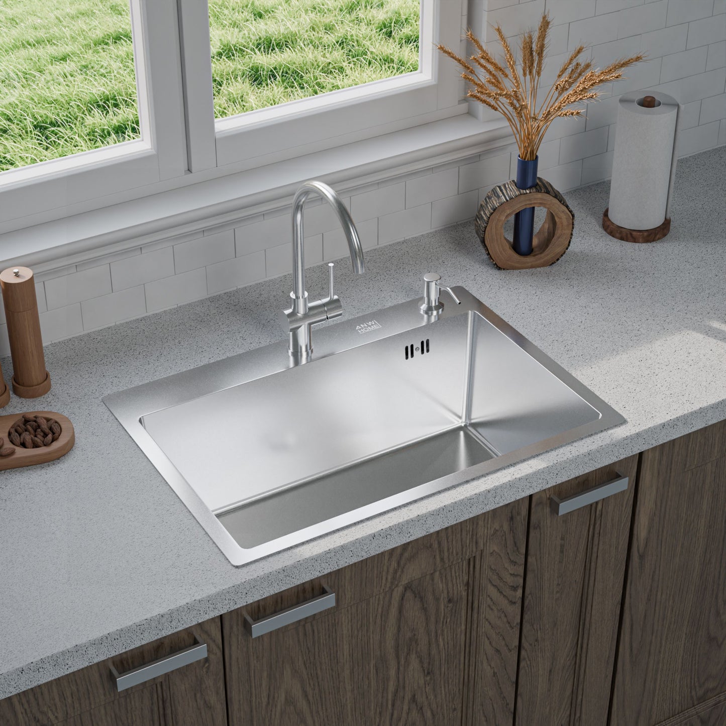 ANW HOME Spülbecken Küchenspüle 65x45 cm, Einbauspüle Edelstahl in Silber, Spüle  mit Nano-Oberfläche, Stärke 3,0+1 mm, mit Siphon Seifenspender und Korb