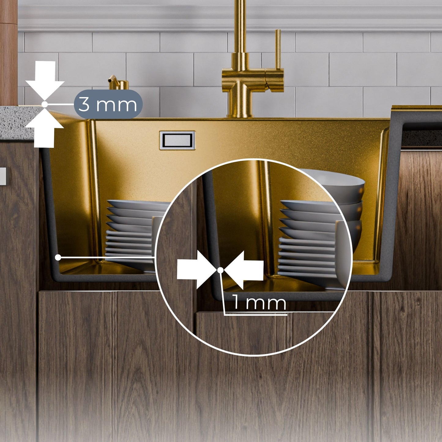 ANW HOME Spülbecken Küchenspüle Einbauspüle 1 Becken mit Abtropffläche Edelstahl 304 78x50 cm Gold PVD Nano-Beschichtung Stärke 3,0+1 mm mit Siphon, Seifenspender und Korb