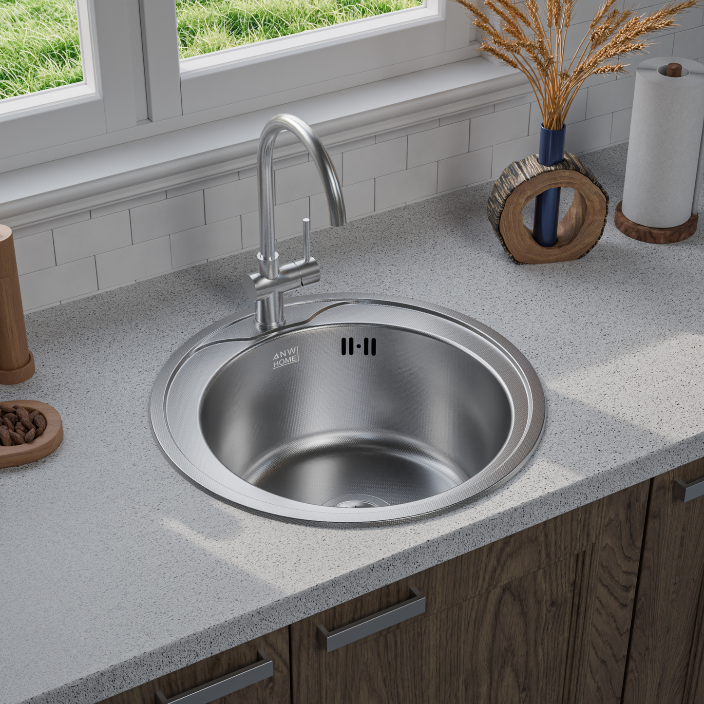 ANW HOME Spülbecken Küche, Küchenspüle Edelstahl 1 Becken, Einbauspüle Rund  49 cm, Silber, Anti-Kratz-Oberfläche, Stärke 1 mm, 18 cm Tiefe, mit Siphon
