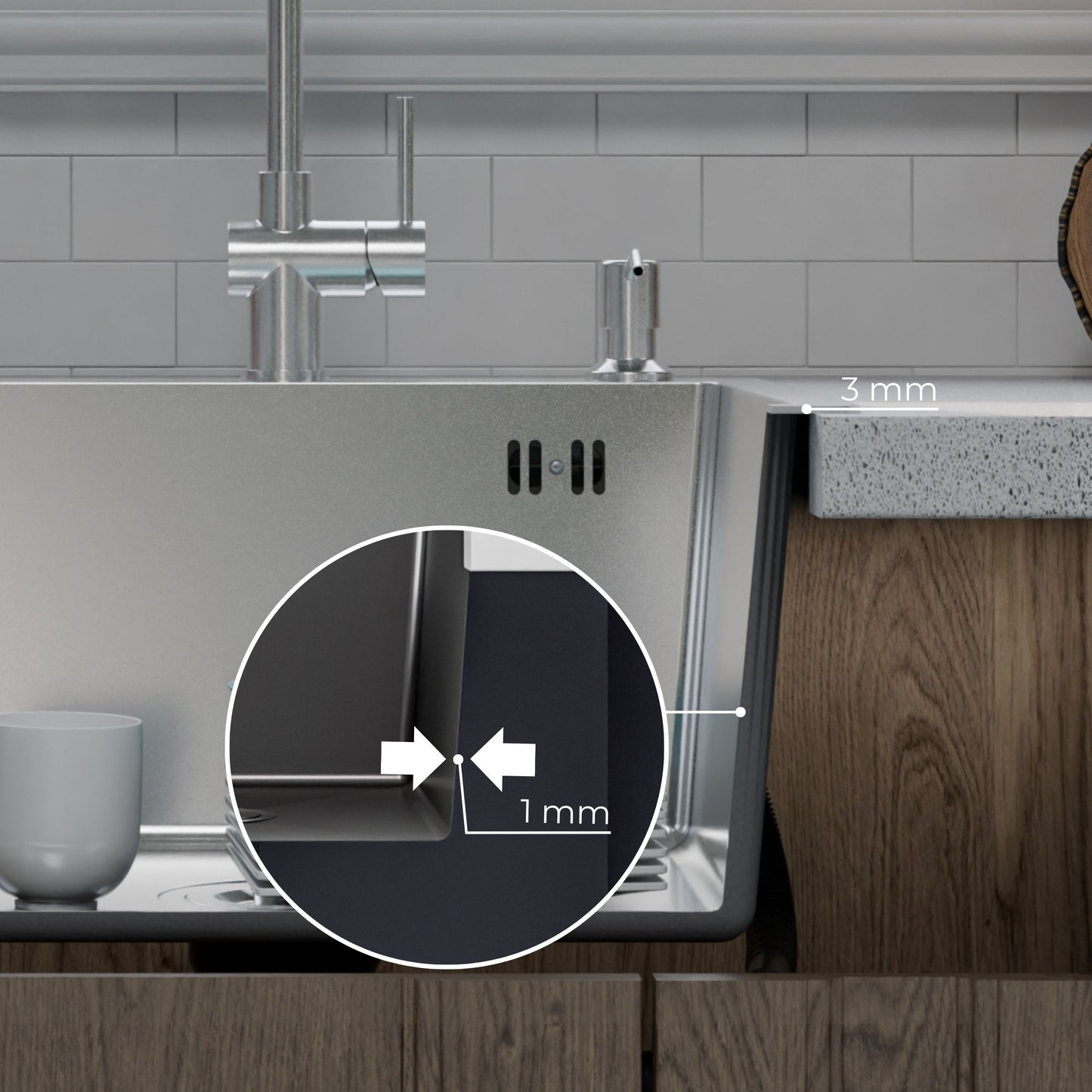 ANW HOME Lavandino Cucina, Lavello Cucina 1 Vasca 46x45 cm in Acciaio Inox con Finitura Nano, Spessore 3.0+1 mm, da Incasso, Argento, con Sifone, Dosatore e Cestello