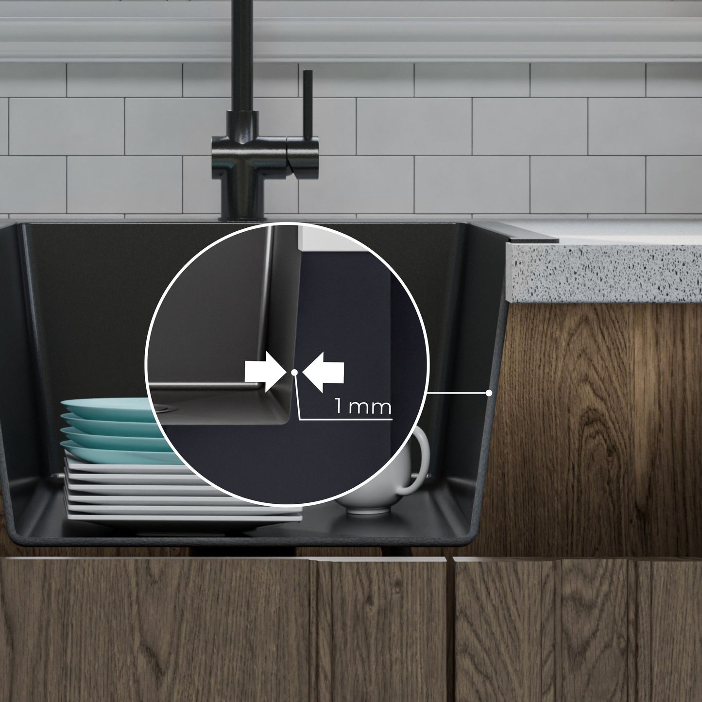 ANW HOME Spülbecken Küche Küchenspüle Unterbauspüle 1 Becken 44x44 cm Graphit PVD mit Nano-Beschichtung, Stärke 3.0+1 mm, mit Siphon
