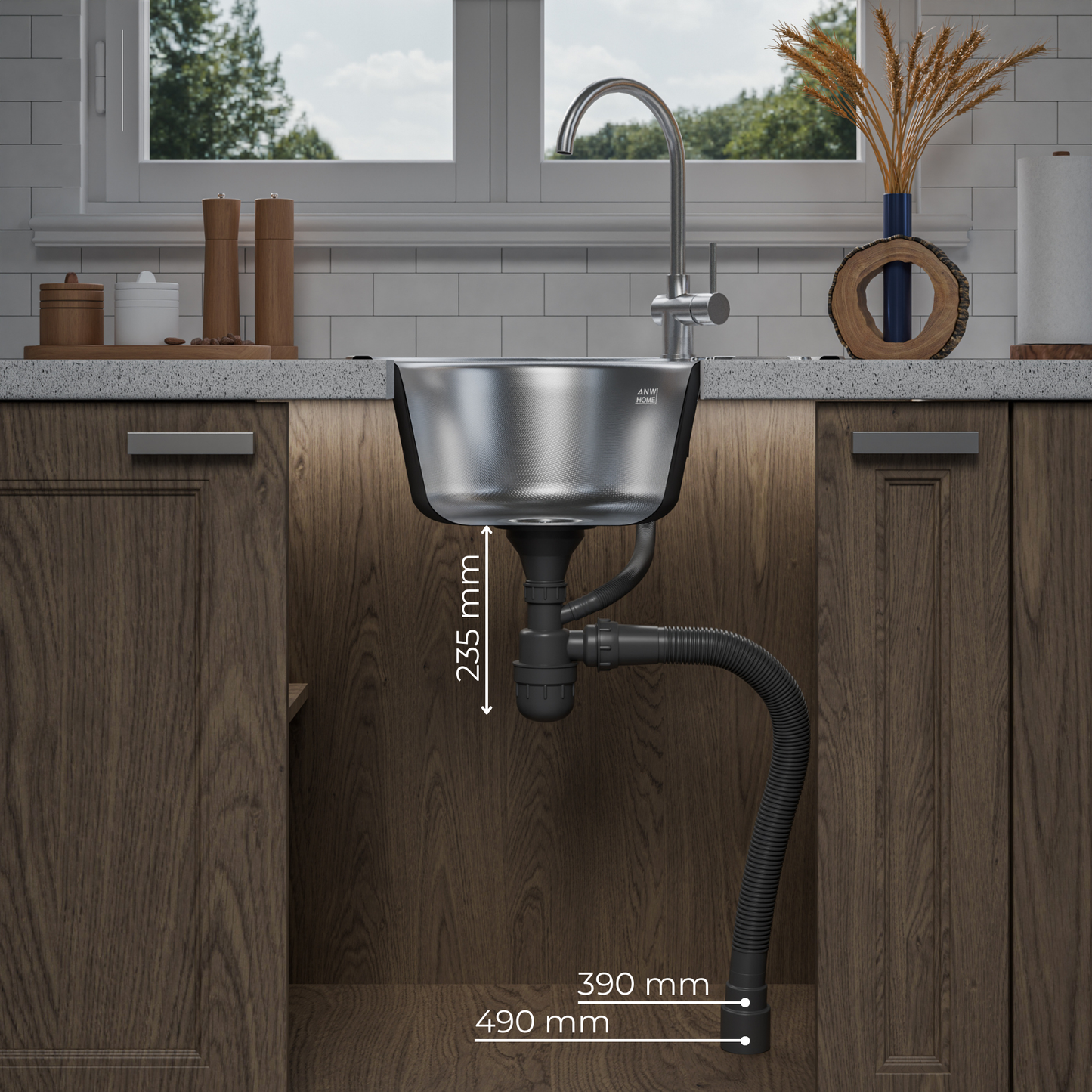 ANW HOME Lavello Cucina 1 Vasca con Gocciolatoio, Lavandino Cucina da Incasso in Acciaio Inox 201 57x45 cm, Argento, Finitura Antigraffio, Spessore 0,6 mm, con Sifone