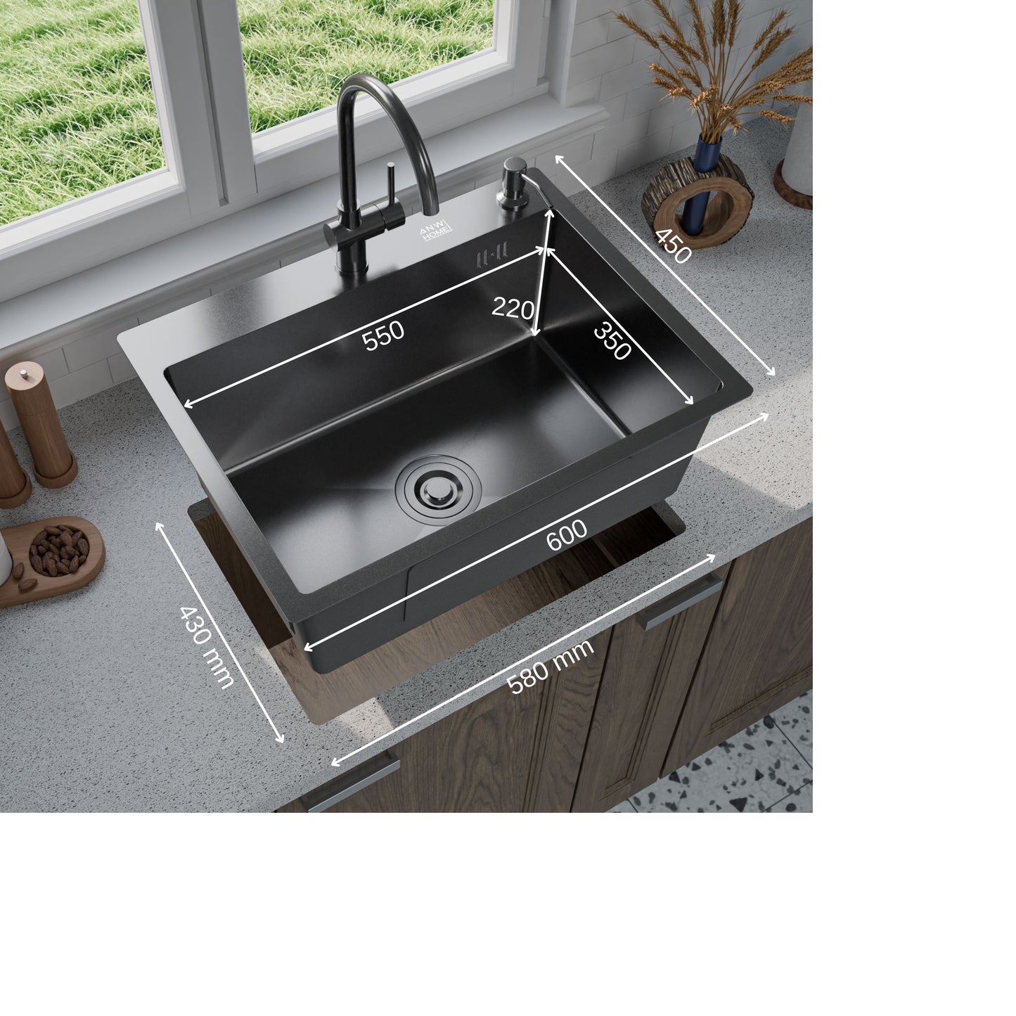 ANW HOME Spülbecken Küchenspüle Einbauspüle 60x45 cm, Edelstahl Spülbecken , Graphit PVD mit Nano-Beschichtung, Stärke 3,0+1 mm, mit Siphon Seifenspender und Korb