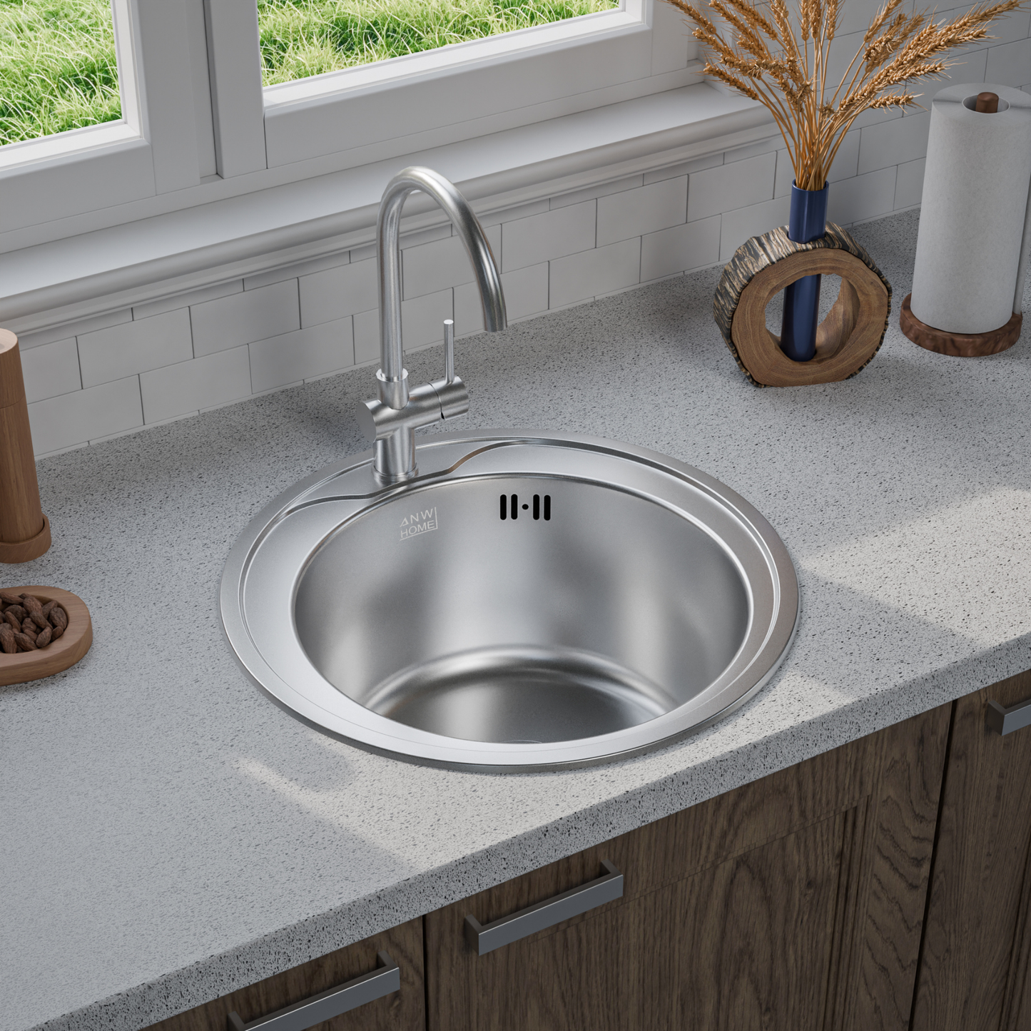 ANW HOME Spülbecken Küche Edelstahl, Küchenspüle Rund Ø49 cm, Einbauspüle, Satinierte Oberfläche, Stärke 1 mm, mit Siphon