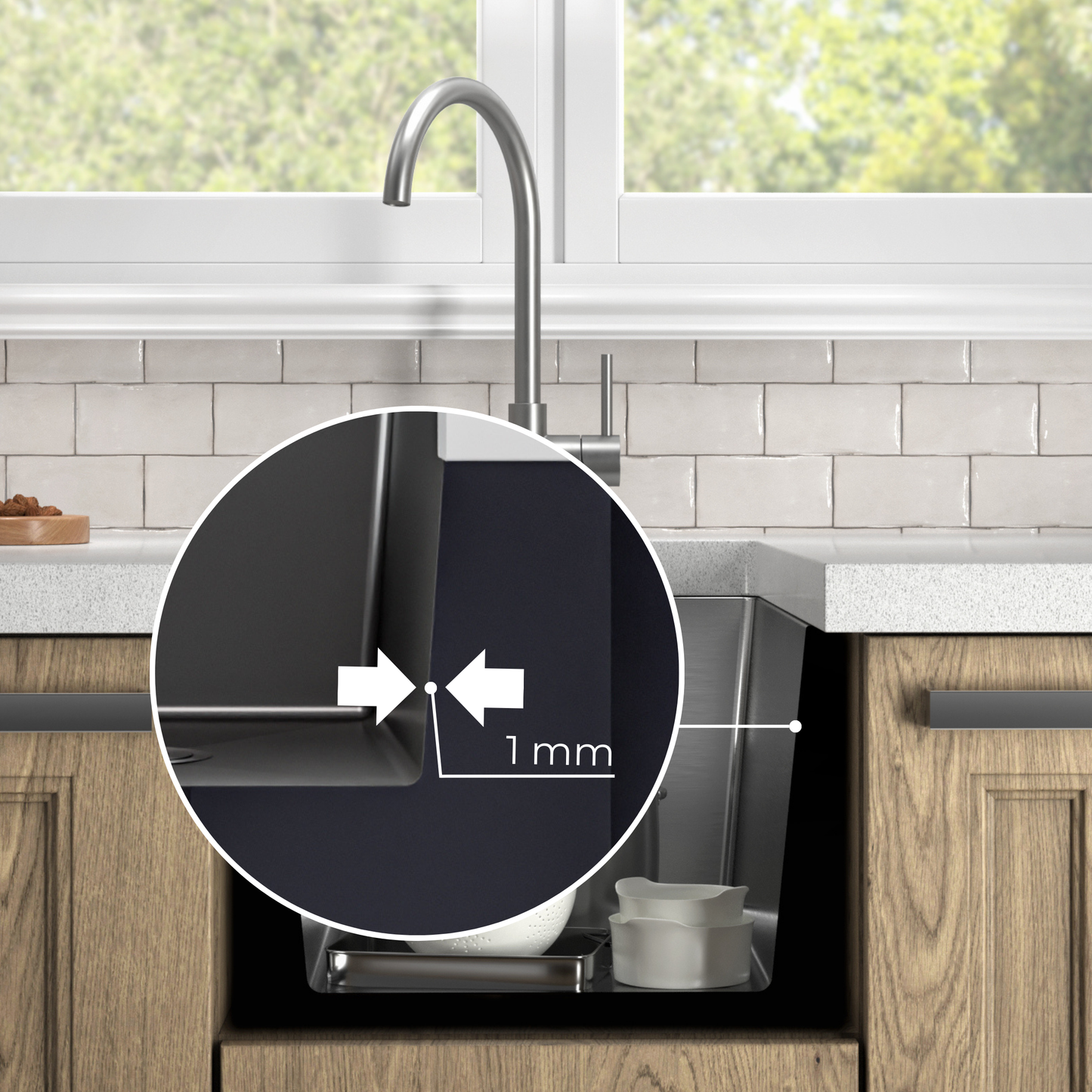 ANW HOME Küchenspüle Edelstahl, Spülbecken 1 Becken Unterbau, Einbauspüle ohne Abtropffläche, 37 x 45 cm, Silber, Nano-Beschichtung, 22 cm Tiefe, Stärke 3,0/1 mm, mit Siphon