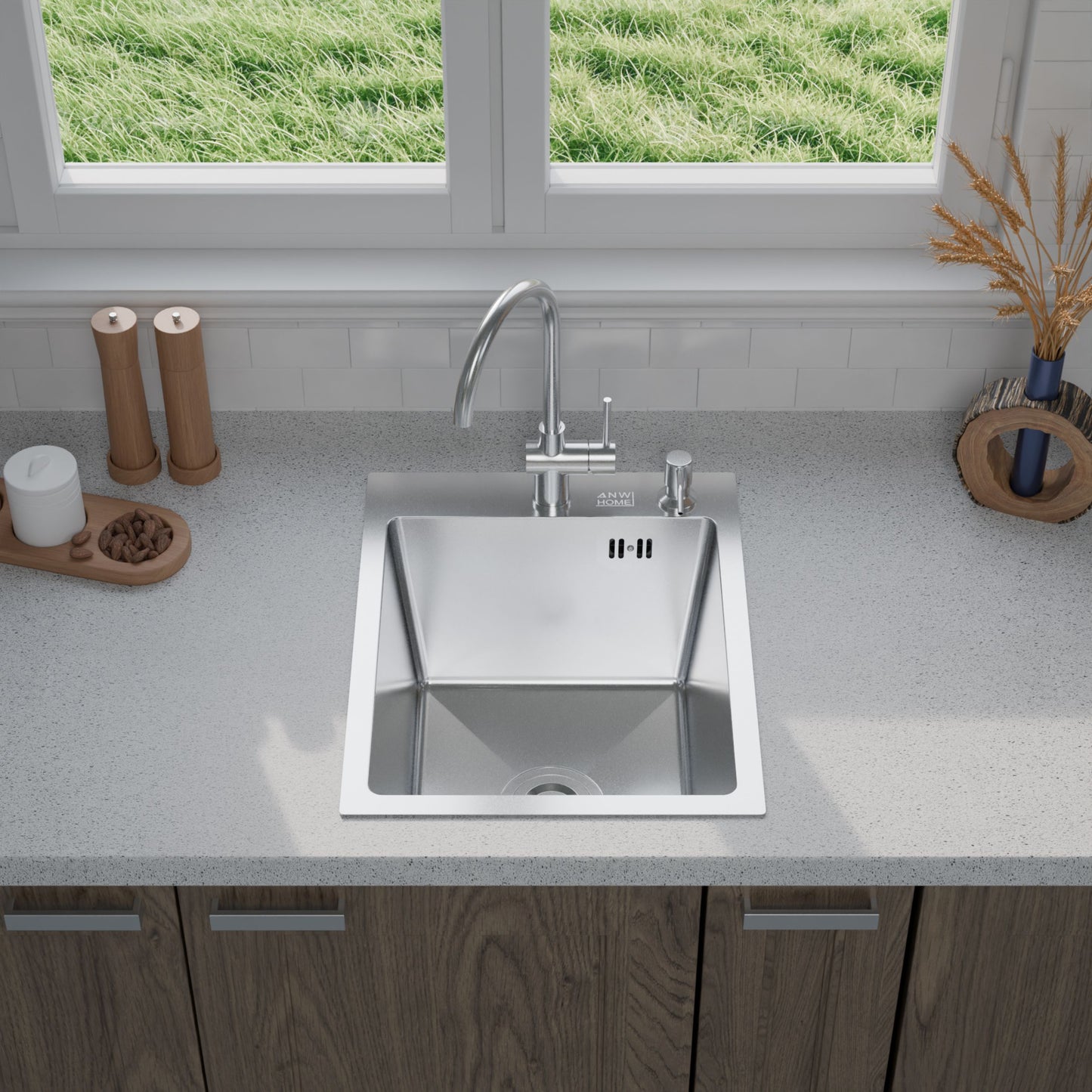 ANW HOME Lavello Cucina 1 Vasca, Lavello Acciaio Inox da Incasso 40 x 50 cm, Argento, Finitura Nano, Spessore 3,0/1 mm, Profondità 22 cm, con Sifone e Dosatore