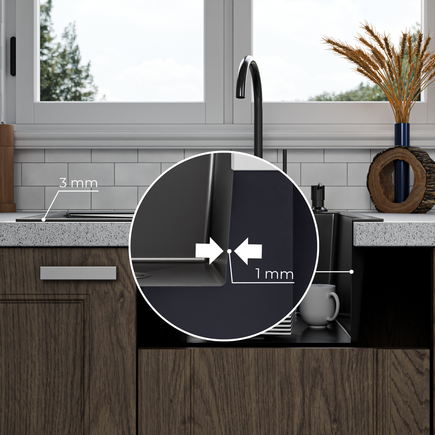 ANW HOME kuchyňský dřez z nerezové oceli 304, jednodřez pro inset montáž s odkapávačem 63x50 cm, grafit PVD, nano povrch, tloušťka 3+1 mm, hloubka vany 22 cm, s odtokovou sadou