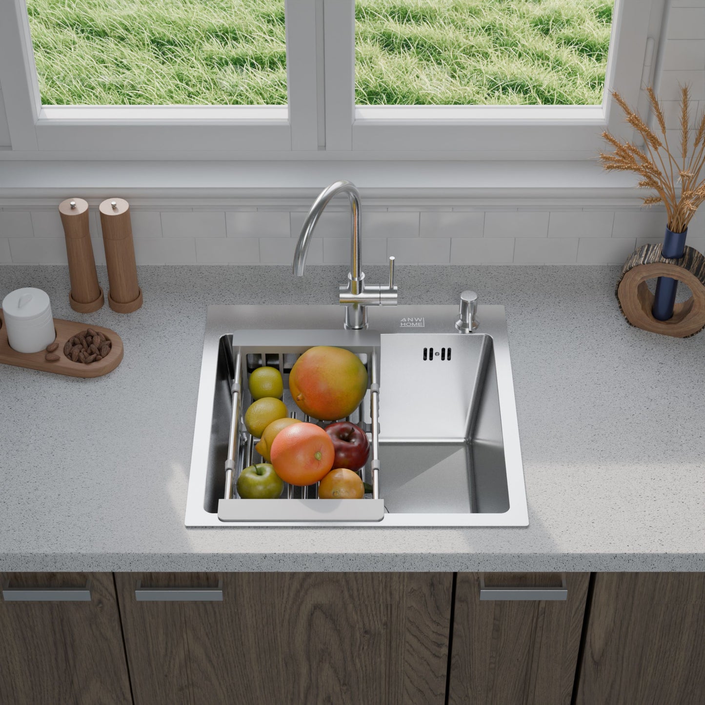 ANW HOME nerezový kuchyňský dřez, jednodřez 50 x 50 cm, inset montáž, stříbrný, nano povrch, tloušťka 3,0/1 mm, hloubka vany 22 cm, s odtokovou sadou a dávkovačem saponátu