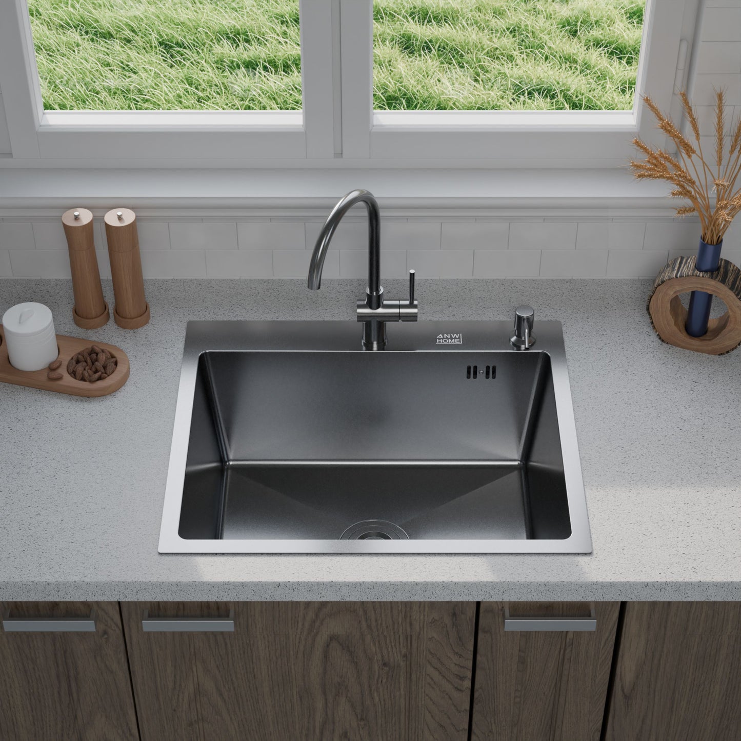 ANW HOME chiuvetă de bucătărie, chiuvetă cu o singură cuvă, oțel inoxidabil 60x50 cm, grafit, strat nano, grosime 3,0/1 mm, adâncime 22 cm, montaj pe blat, cu sifon