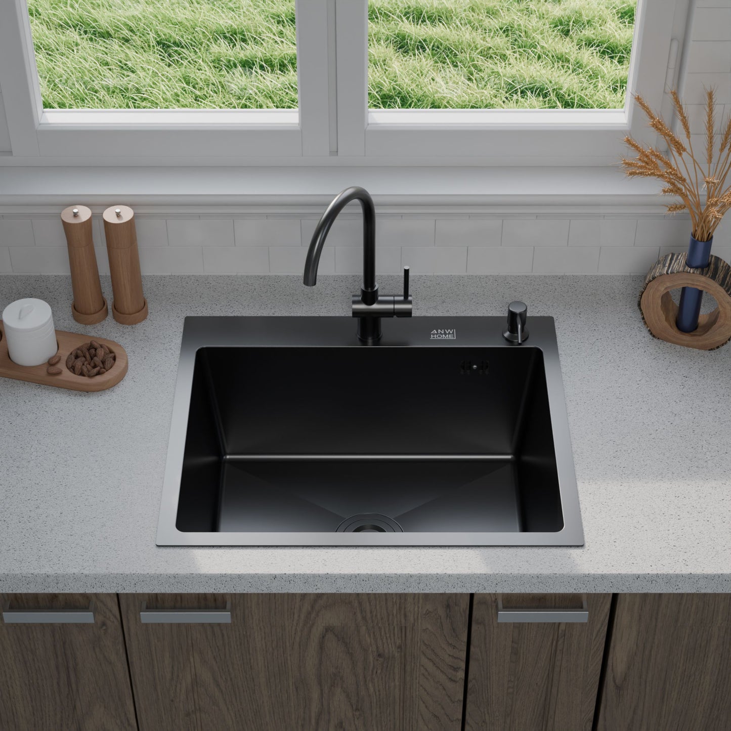 ANW HOME Spülbecken Edelstahl Küchenspüle Einbauspüle 1 Becken 60x50 cm Schwarz Piano-Oberfläche, Materialstärke 3,0/1 mm, mit Siphon, Seifenspender und Korb