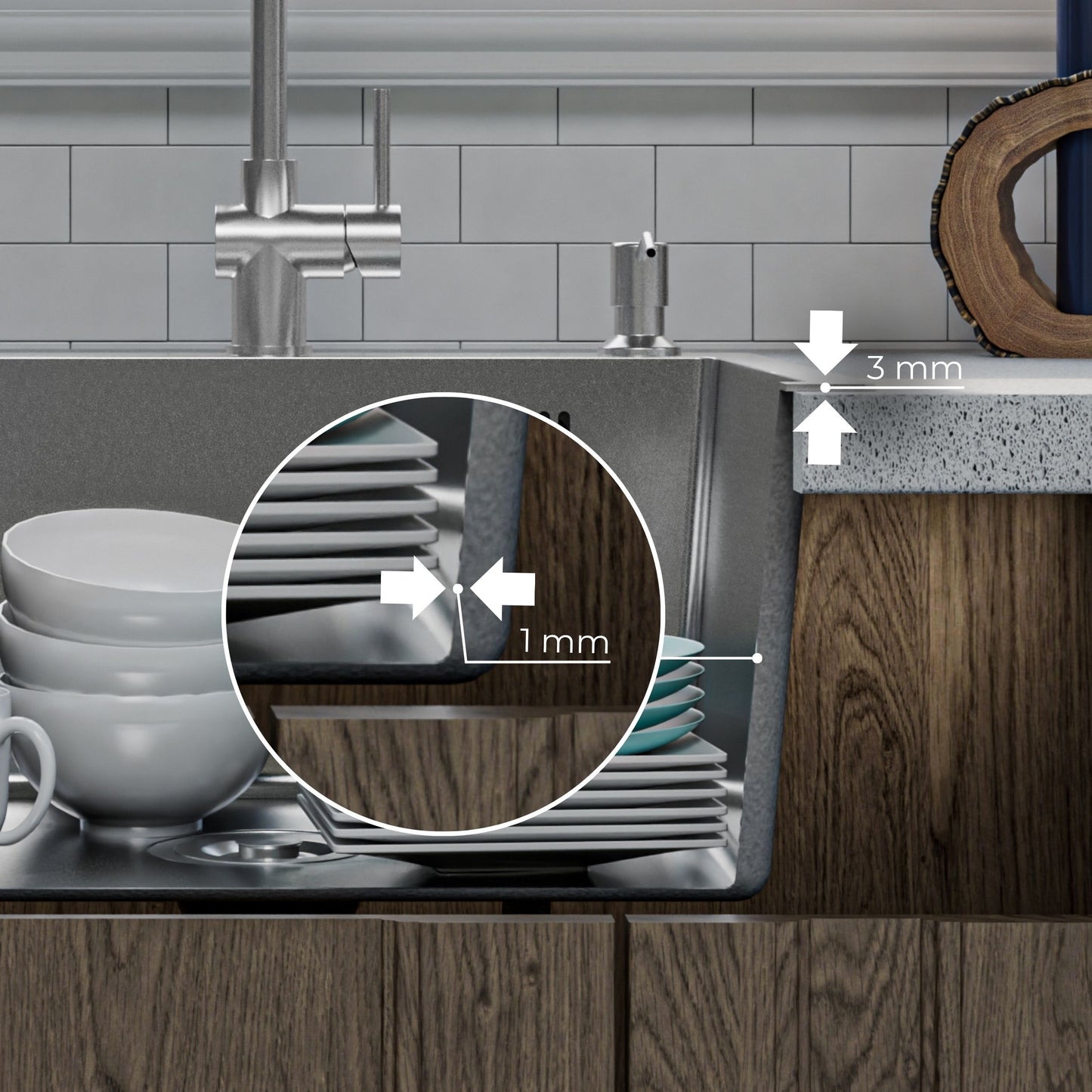 ANW HOME Fregadero Cocina 1 Seno, Fregadero sobre Encimera Acero Inoxidable 50x45 cm, Profundidad 22 cm, Grosor 3.0+1 mm, Superficie Nano-Coating, con Sifón, Dosificador y Cesta