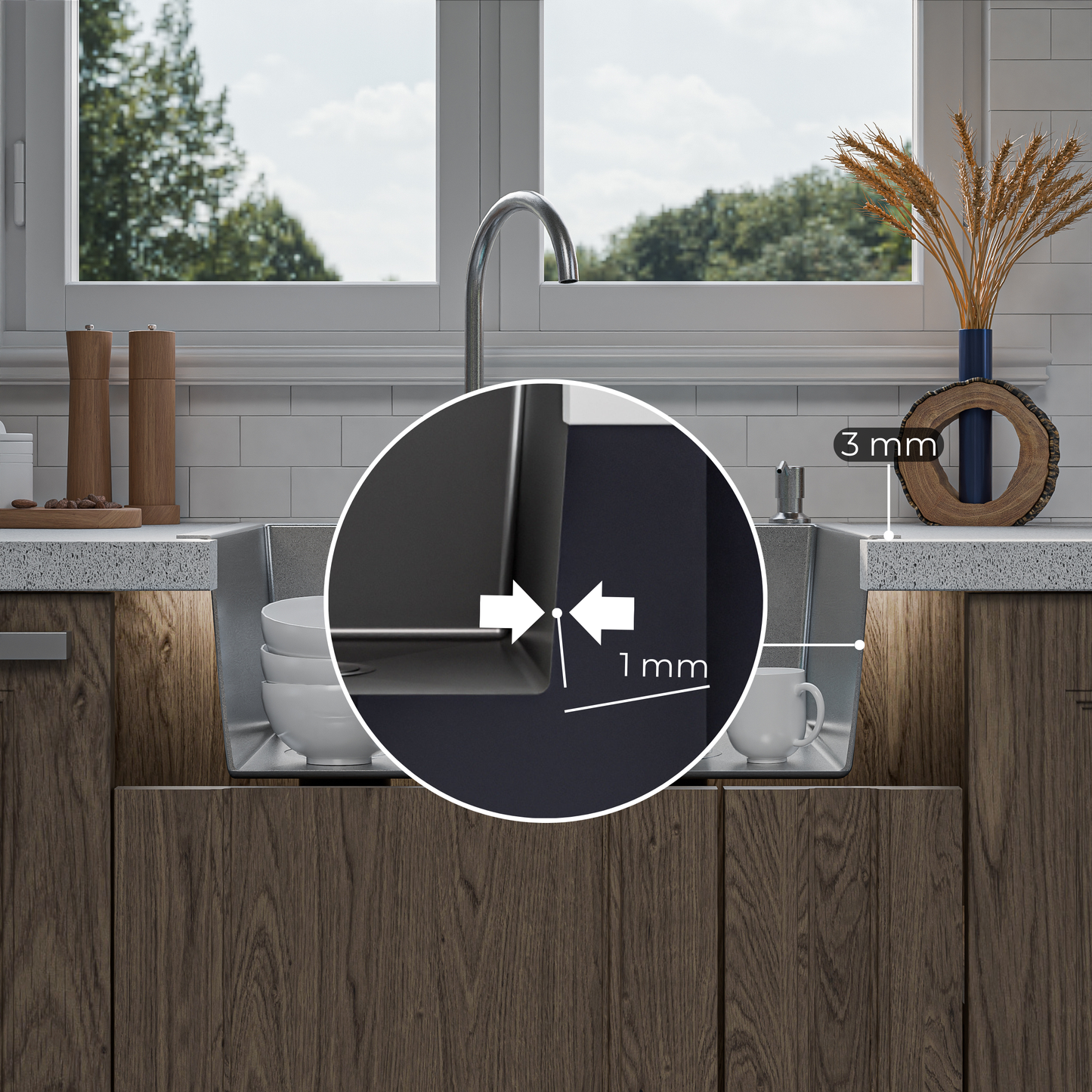 ANW HOME Evier Cuisine 2 Bacs à Encastrer, Évier Inox 304, 61x51 cm, Argent, Finition Nano, Épaisseur 3,0+1 mm, avec Siphon, Distributeur de Savon et Panier