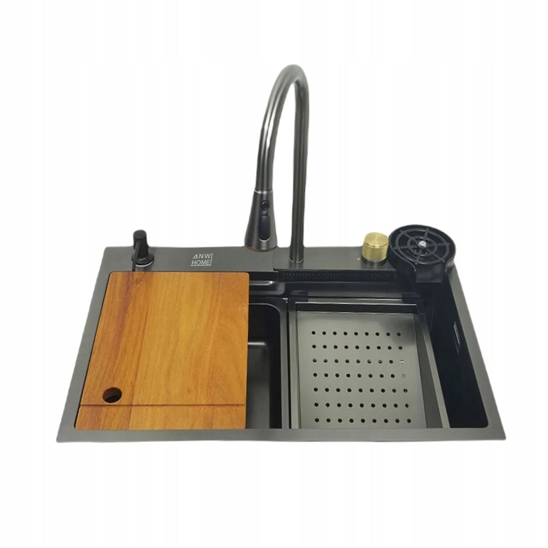ANW HOME Küchenspüle Einbauspüle, Spülbecken 1 Becken Multifunktion aus 304 Edelstahl, 75x45 cm, Graphit PVD, Nano Anti-Kratz, 3/1 mm, 23 cm Tief, mit Wasserfallhahn