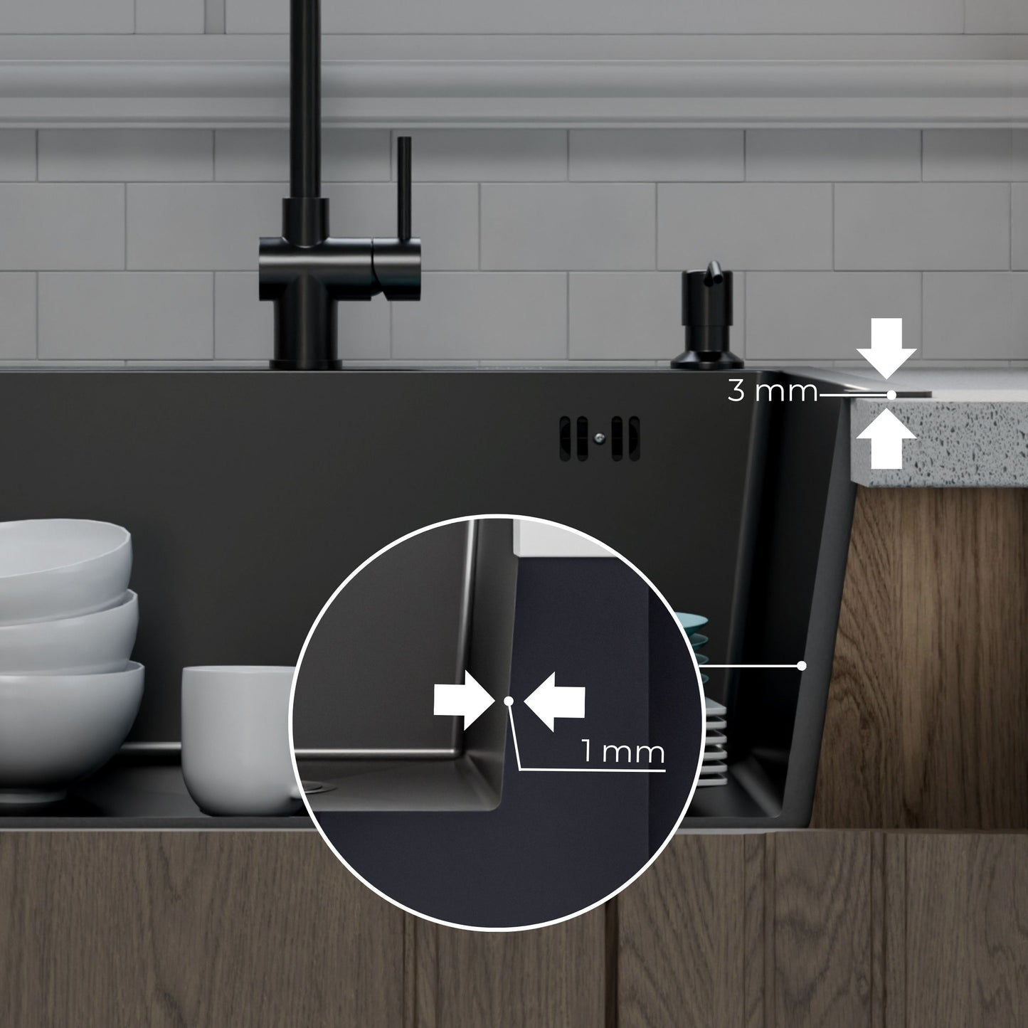 ANW HOME Spülbecken Edelstahl Küchenspüle Einbauspüle 1 Becken 60x50 cm Schwarz Piano-Oberfläche, Materialstärke 3,0/1 mm, mit Siphon, Seifenspender und Korb