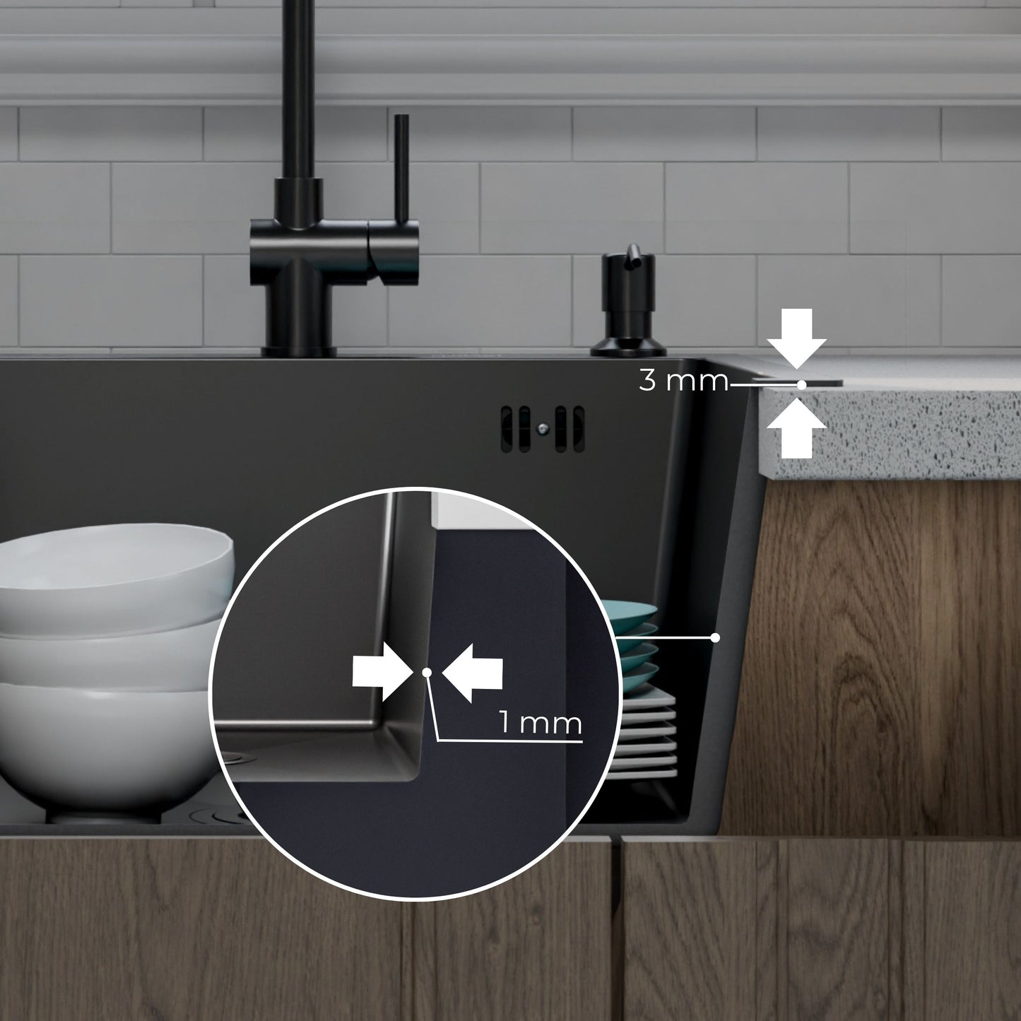 ANW HOME Kitchen Sink Stainless Steel, Single Bowl Kitchen Sink 50x50 cm, Black, Topmount, Nano-Coated, Thickness 3.0/1 mm, 22 cm Deep, with Siphon, Soap Dispenser and Basket