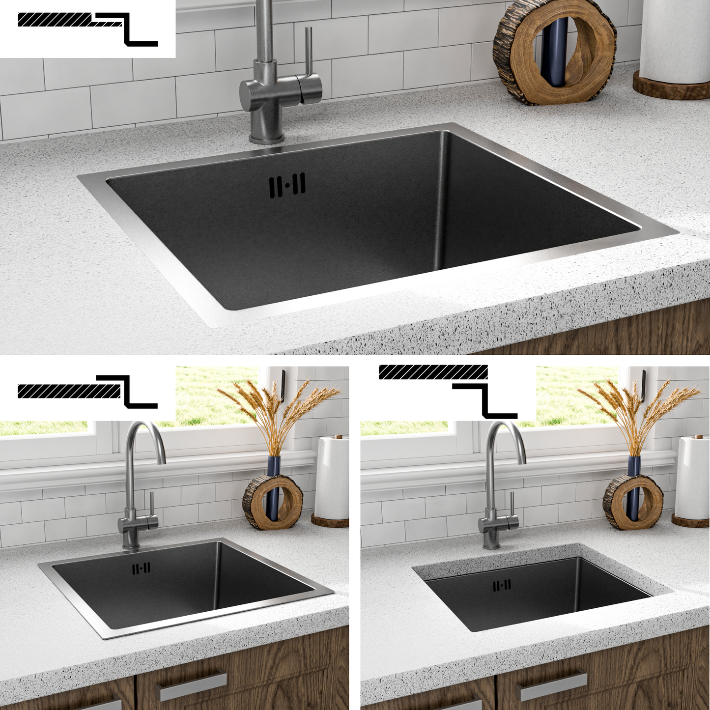 ANW HOME kuchynský drez, čierny nerezový drez na spodnú montáž 49x44 cm, jednodrez, hĺbka 22 cm, hrúbka 3,0+1 mm, nano povrch, so sifónom