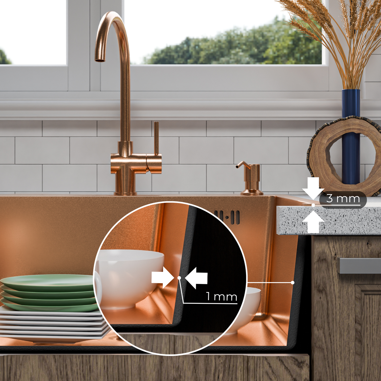 ANW HOME Spülbecken Küchenspüle 60x50 cm, Einbauspüle Edelstahl in Roségold PVD,  mit Nano-Beschichtung, Stärke 3,0+1 mm, mit Siphon Seifenspender und Korb