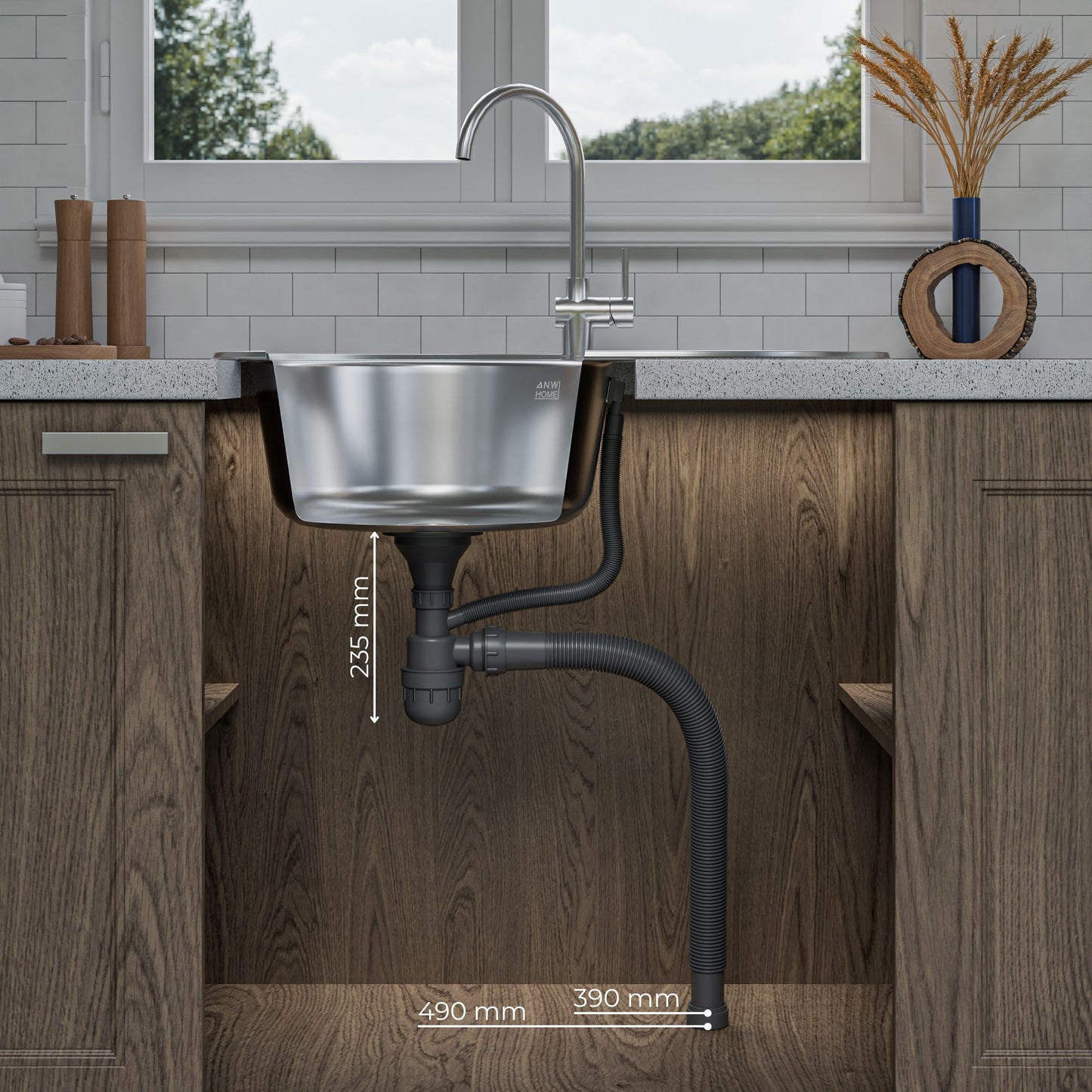 ANW HOME nerezový kuchyňský dřez, jednodřez s odkapávačem, inset montáž, nerezová ocel 201, 77x50 cm, stříbrný, saténový povrch, tloušťka 1 mm, hloubka 20 cm, se sifonem