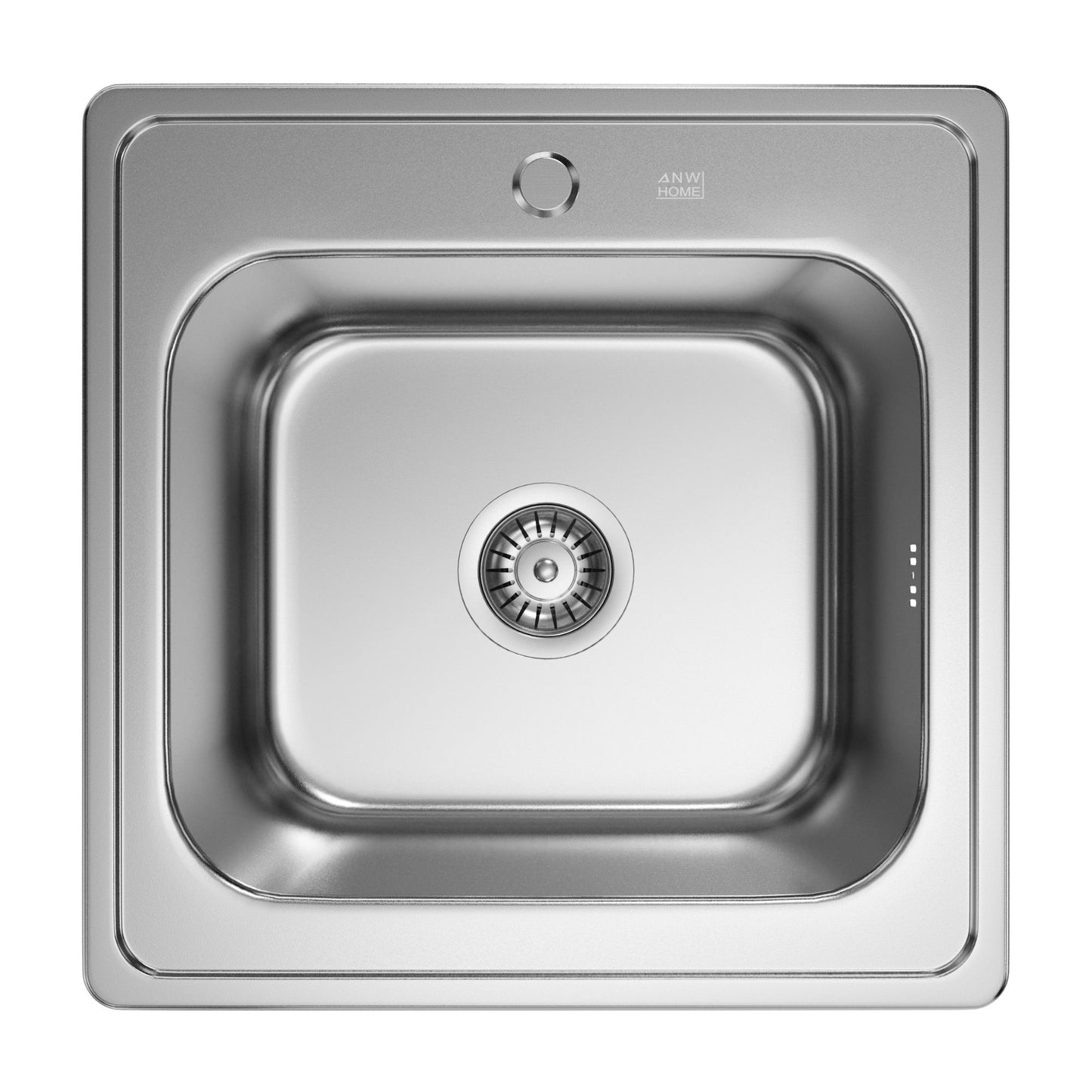 ANW HOME kuchyňský dřez, jednodřez, nerezová ocel třídy 201, 48x48 cm, inset montáž, stříbrný, saténový povrch, tloušťka 1 mm, hloubka 20 cm, se sifonem