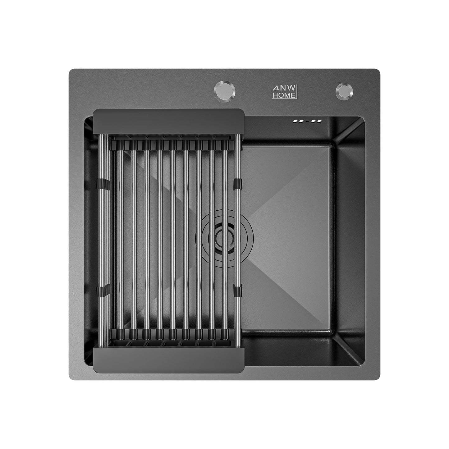 ANW HOME chiuvetă de bucătărie, chiuvetă cu o singură cuvă din oțel inoxidabil 50x50 cm fără scurgător, grafit PVD cu strat nano, grosime 3,0+1 mm, adâncime cuvă 22 cm, cu sifon
