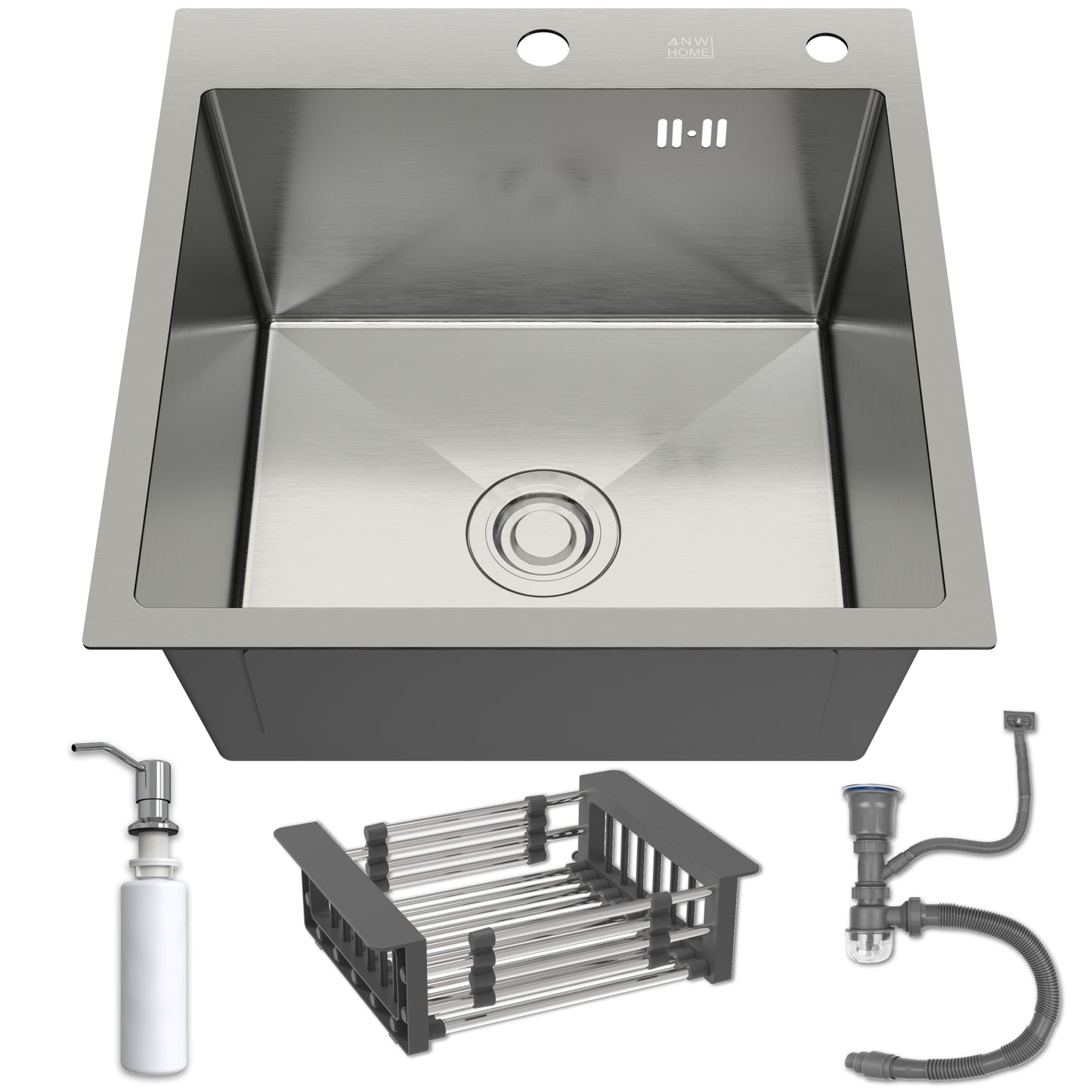 ANW HOME Kitchen Sink Stainless Steel Single Bowl Kitchen Sink 50 x 50 cm, Inset, Silver, Nano Coating, Thickness 3.0/1 mm, 22 cm Bowl Depth, with Waste Kit & Soap Dispenser