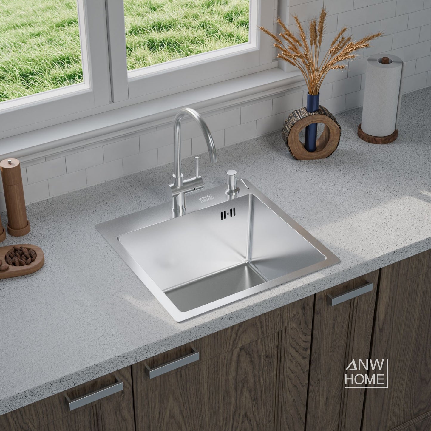 ANW HOME Lavandino Cucina, Lavello Cucina 1 Vasca 46x45 cm in Acciaio Inox con Finitura Nano, Spessore 3.0+1 mm, da Incasso, Argento, con Sifone, Dosatore e Cestello