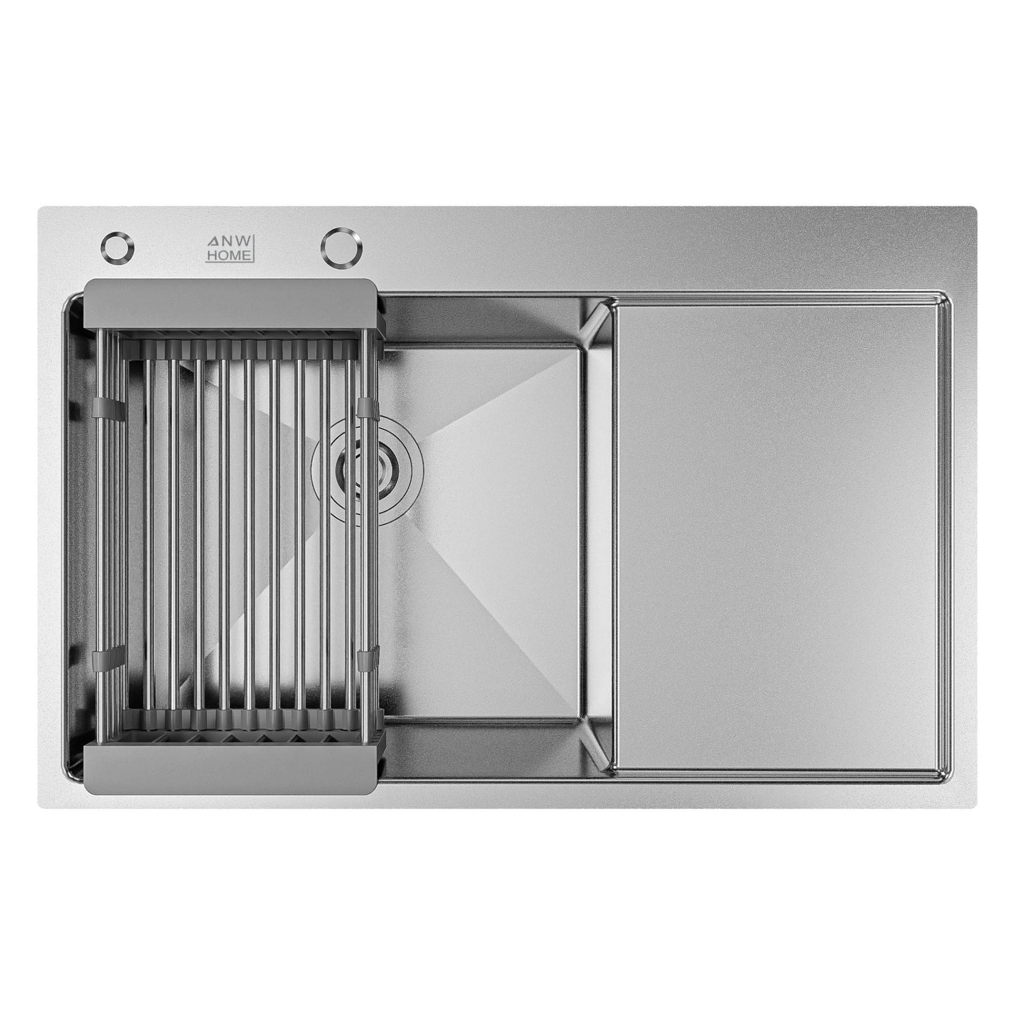ANW HOME Fregadero Cocina 1 Seno, sobre Encimera con Escurridor, Fregadero Cocina Acero Inoxidable 304, 78x50 cm, Plata, Acabado Nano, Grosor 3,0/1 mm, con Sifón y Dispensador